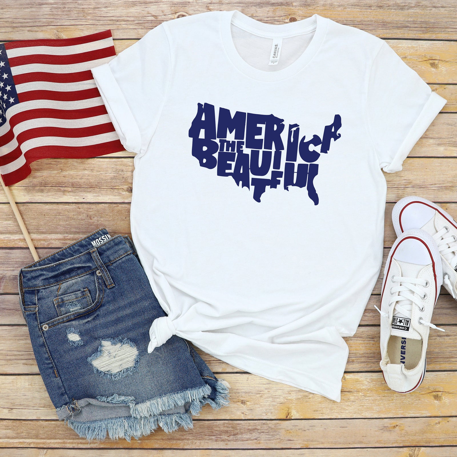 America the Beautiful Map - Fourth of July Adult T Shirt - Independence Day - Memorial - Red White and Blue USA