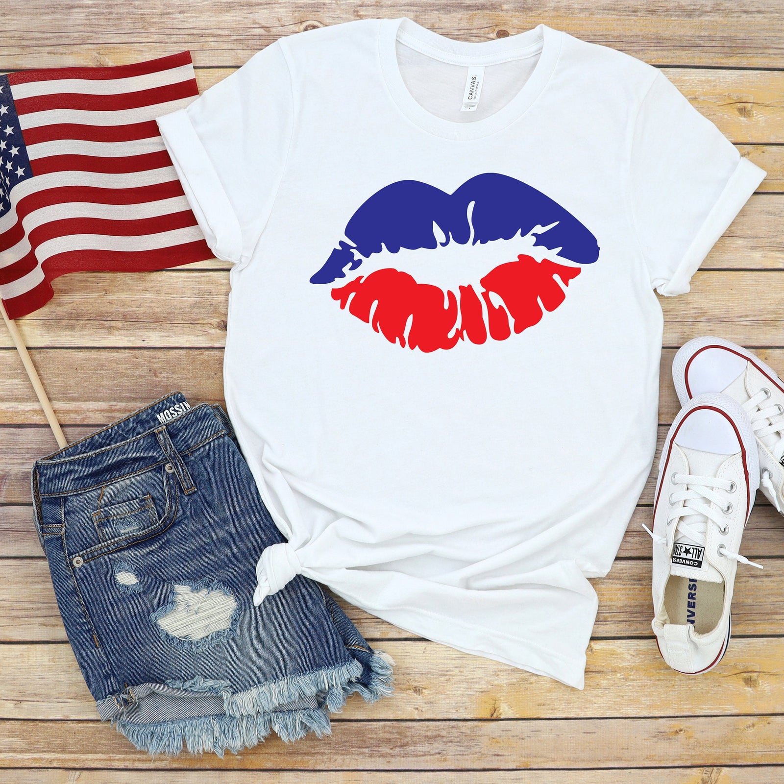 All American Lips- Fourth of July Adult T Shirt - Independence Day - Memorial - Red White and Blue