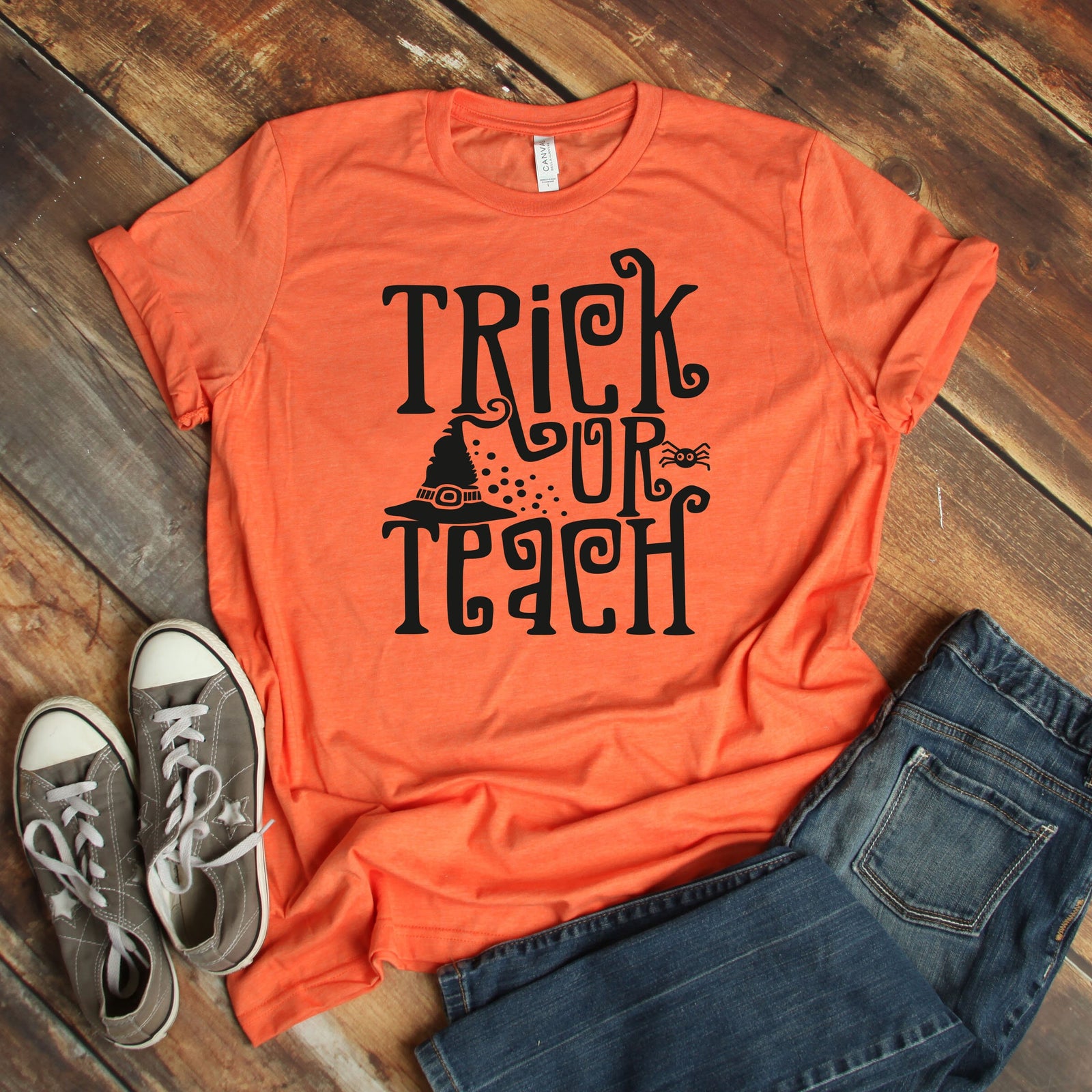 Trick or Teach - Happy Halloween Adult T Shirt -Teacher T Shirt Witch Hat