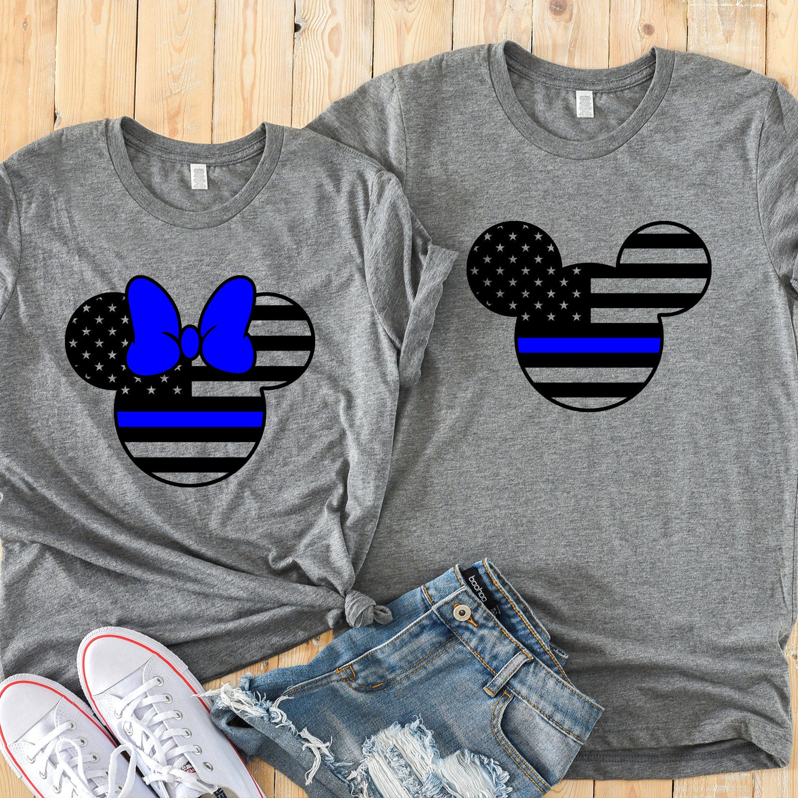 Police Mickey and Minnie Adult Shirts - Disney Couples Matching Shirt - Blue Line Flag -  Blue Stripe - Disney Police
