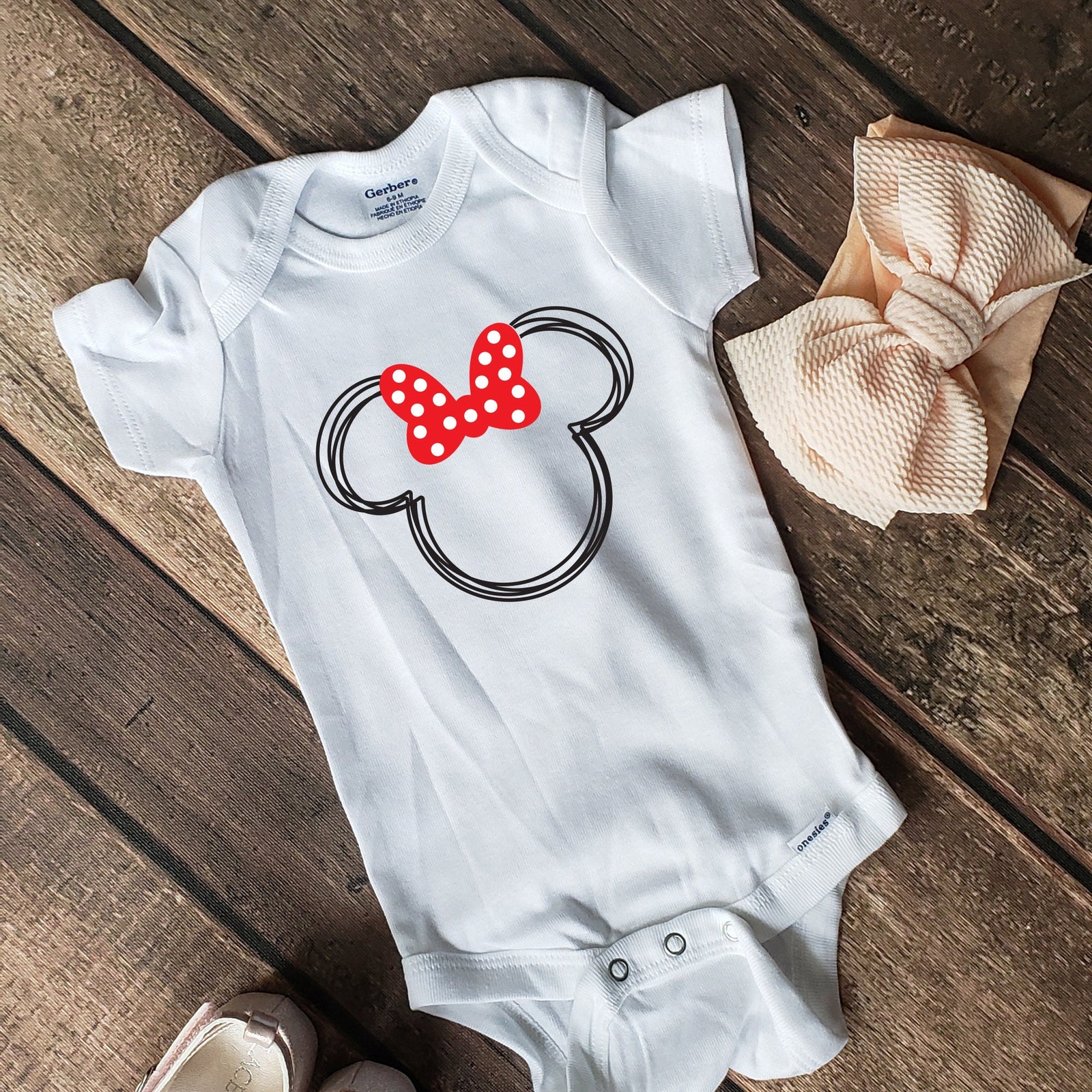 Minnie Scribble Hand Drawn Outline - Baby Minnie Mouse -  Infant Onesie - 1st Time Visit