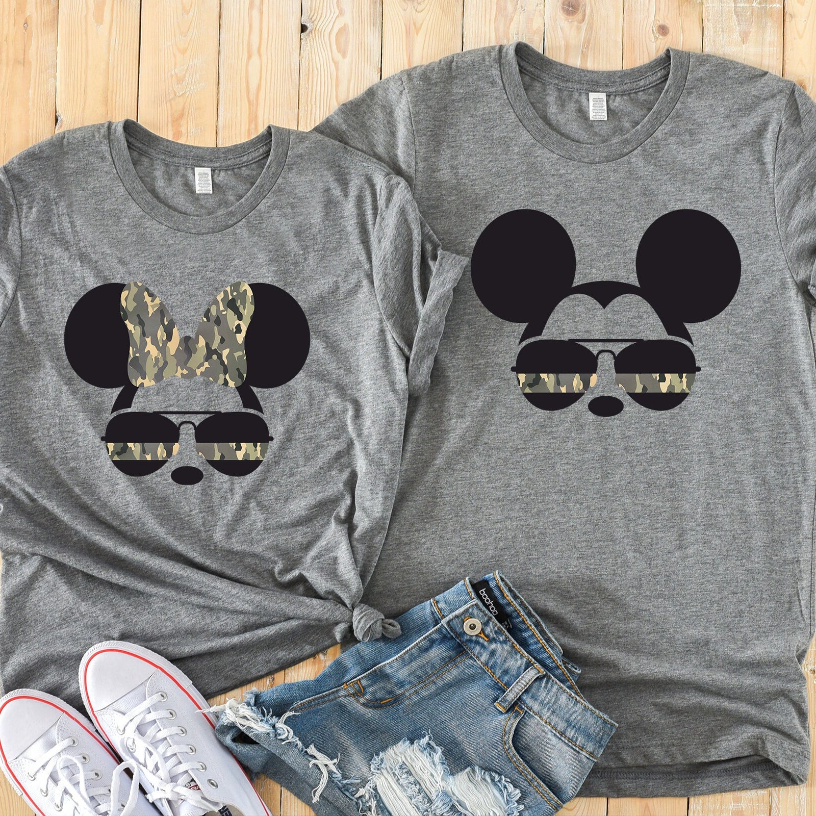 Minnie and Mickey Army Camouflaged Aviator Glasses Adult Shirts - Disney Couples - Military Matching Shirts - Armed Forces