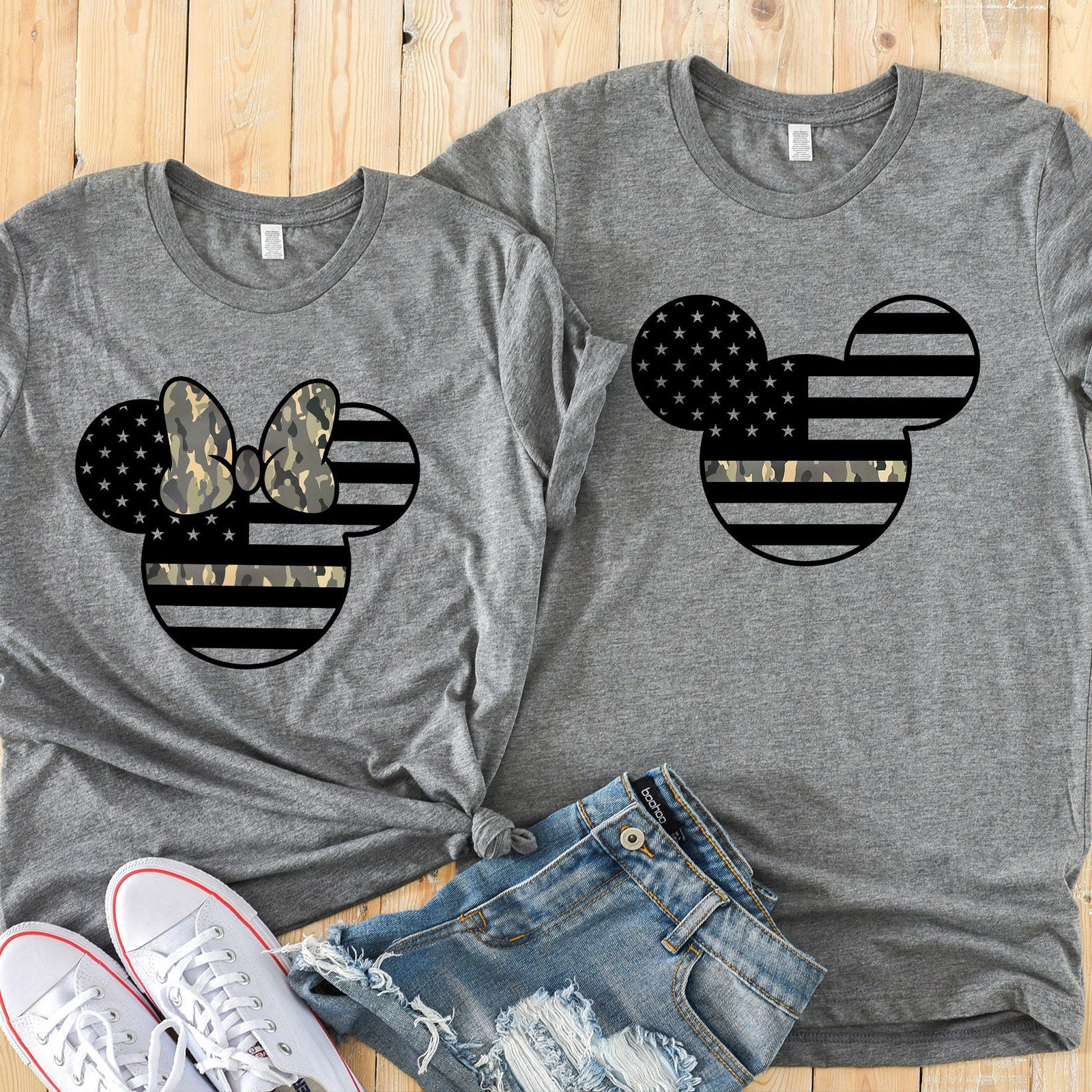 Minnie and Mickey Army Camouflaged Adult Shirts - Disney Couples - Military Matching Shirts - Armed Forces Stars and Stripes