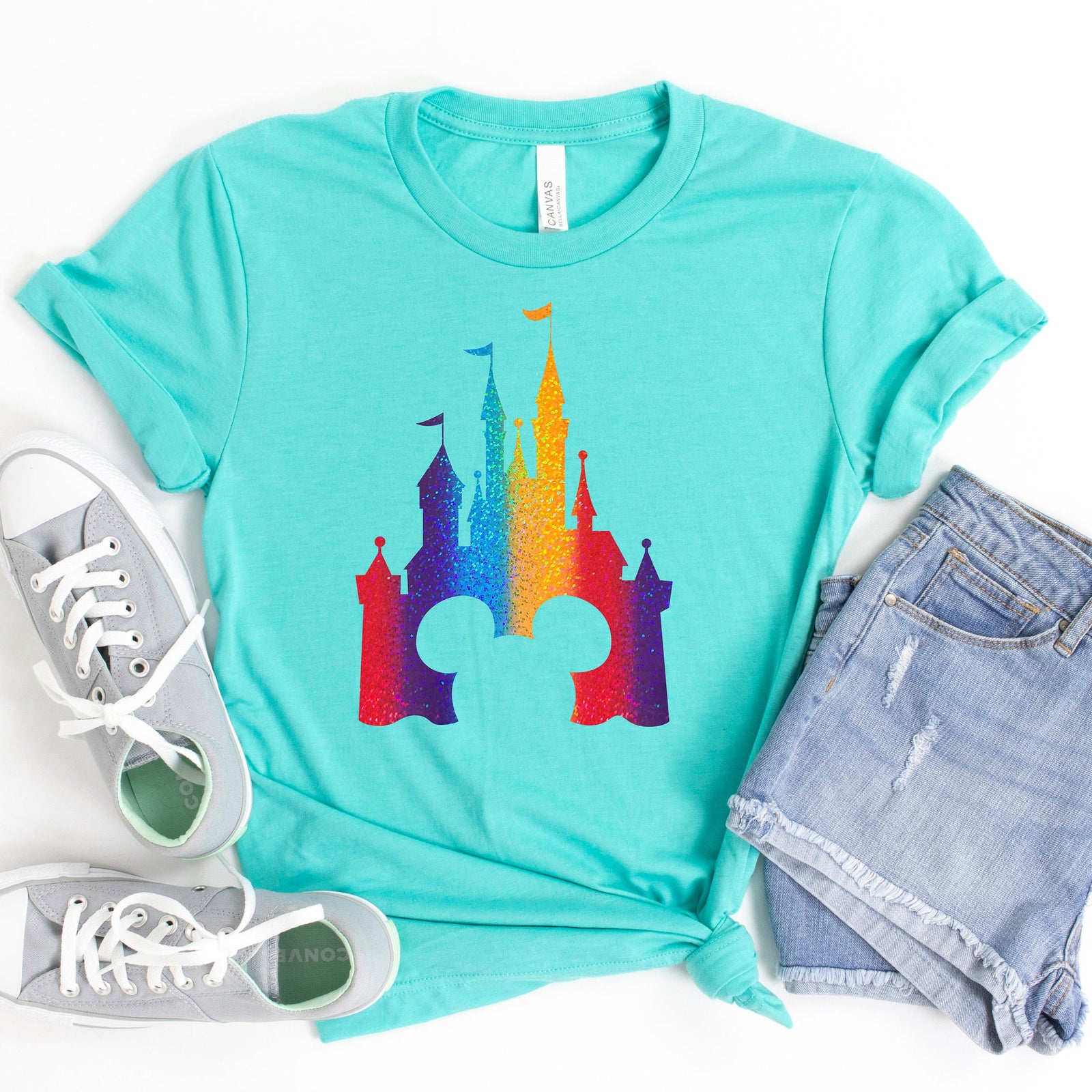 Mickey Mouse Disney Castle T Shirt - Adult Unisex Shirt - Family Matching - Rainbow Glitter