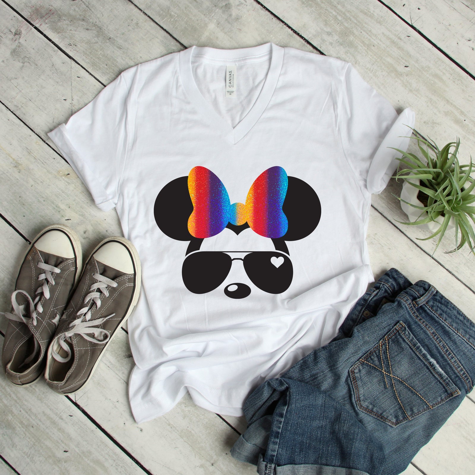 Aviator Minnie Mouse t shirt - Disney Trip Matching Shirts - Adult Unisex - Rainbow Glitter - Sunglasses