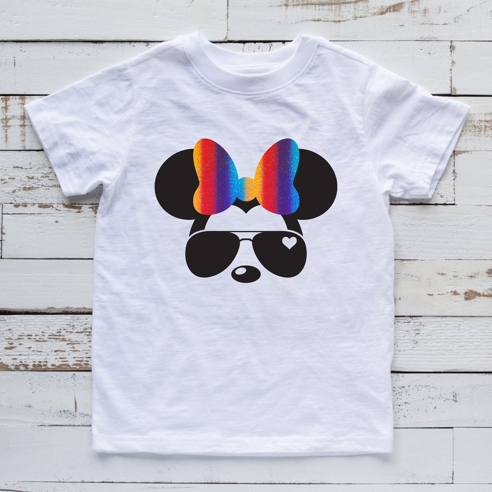 Minnie Mouse Aviator Sunglasses Disney T shirt -  infant Toddler or Youth - Rainbow Glitter