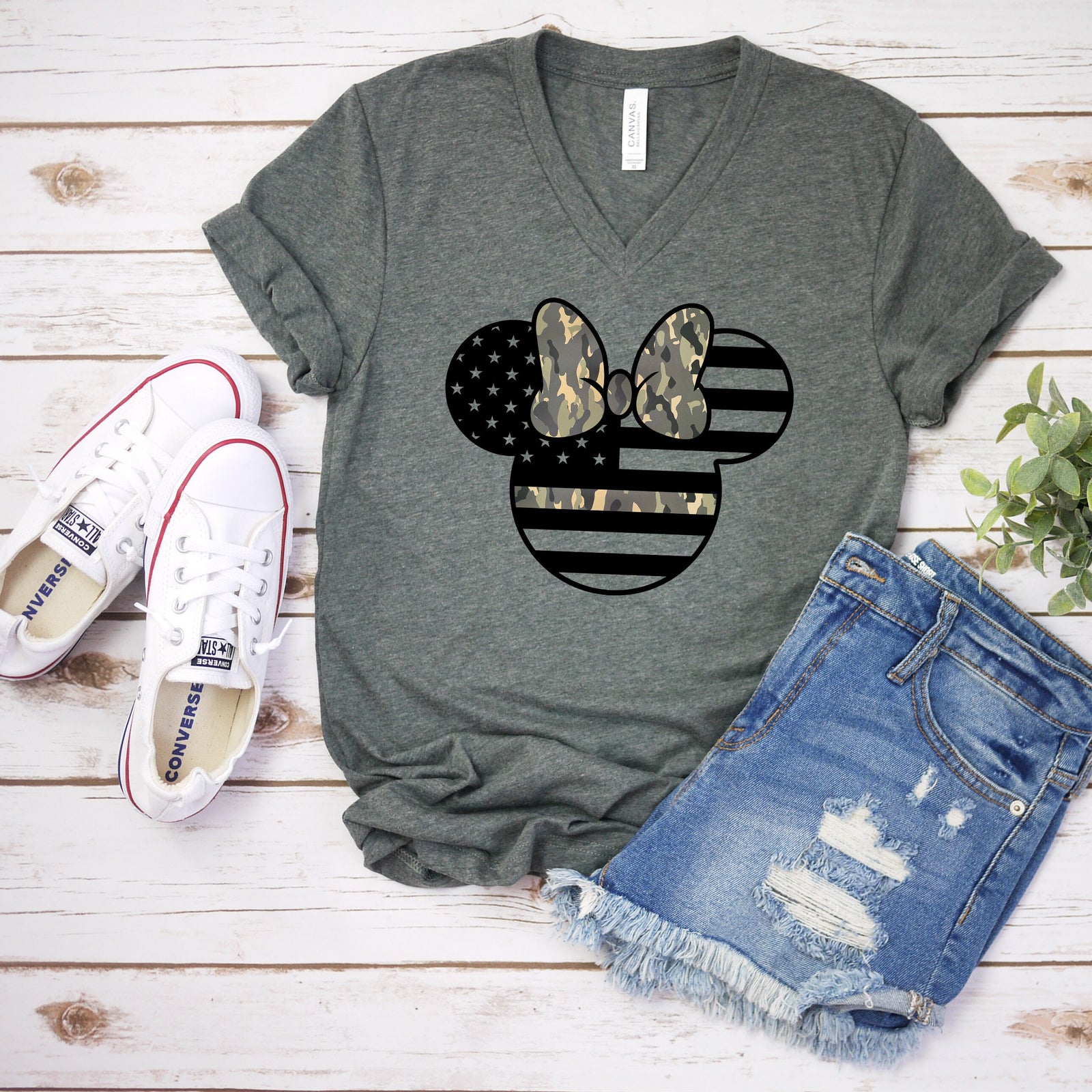 Minnie Army Camouflaged - Adult Unisex T shirt -  Armed Forces - Military Minnie Mouse T Shirt-Stars and Stripes