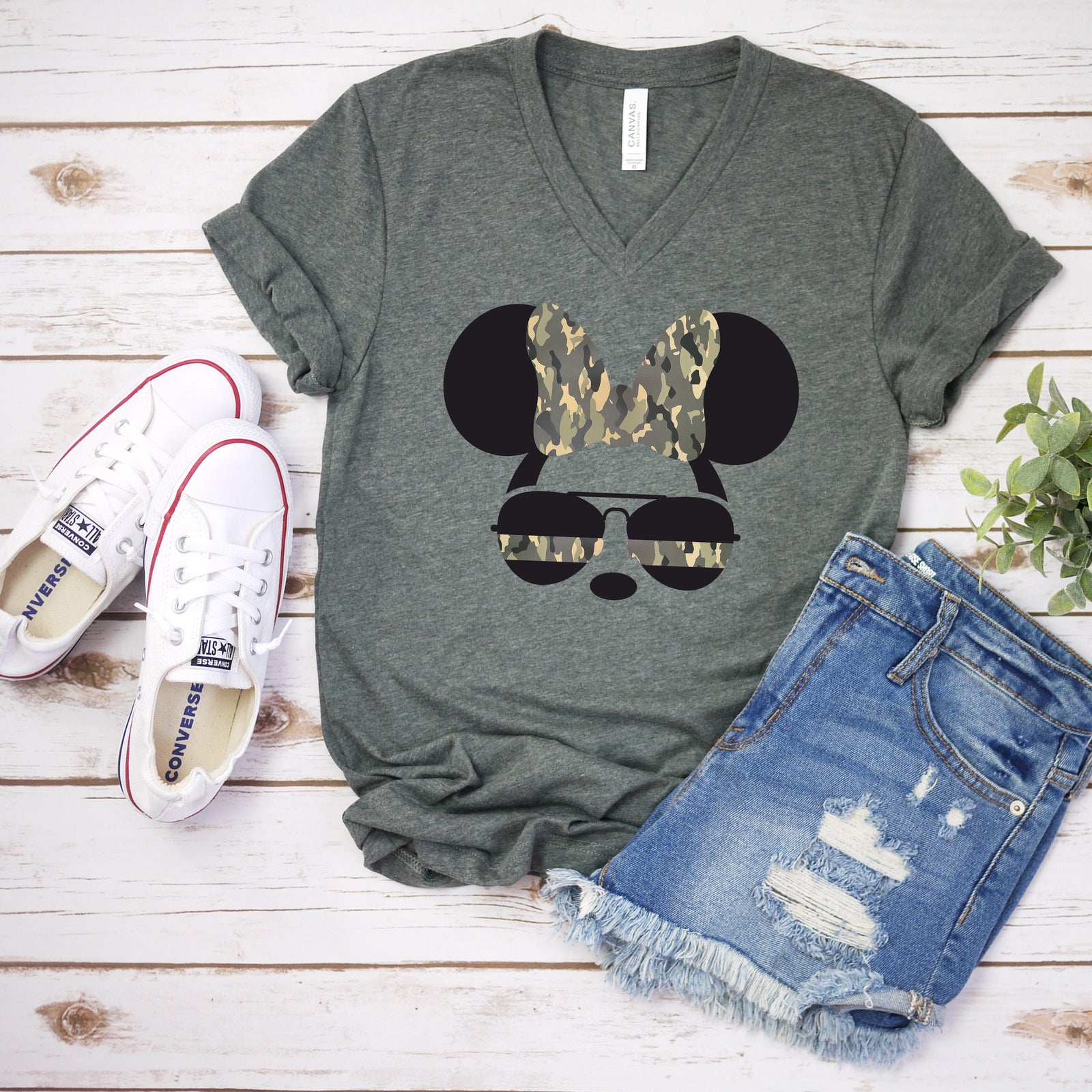 Minnie Army Camouflaged Aviator Glasses - Adult Unisex T shirt -  Armed Forces - Military - Minnie Mouse T Shirt