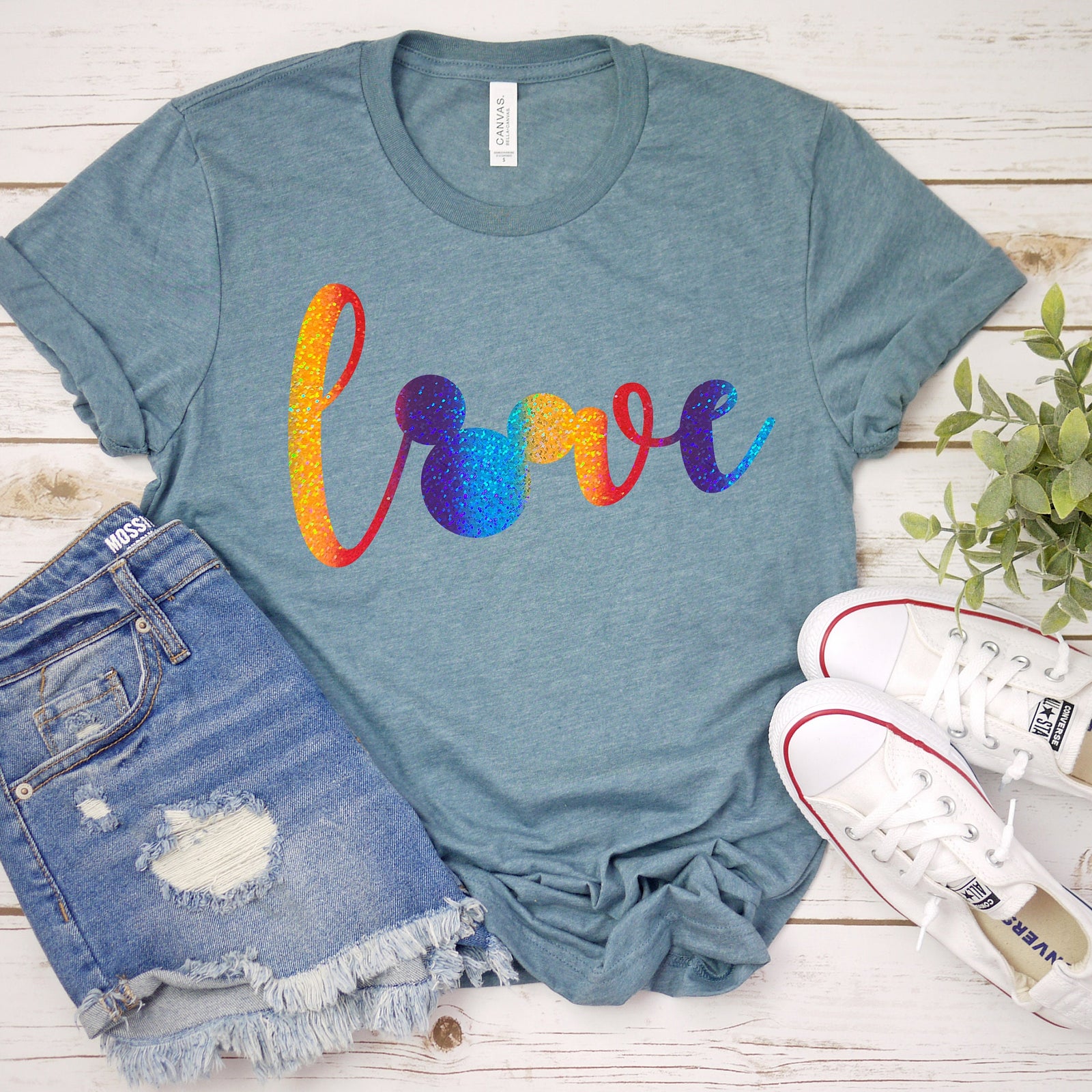 LOVE Mickey Mouse T Shirt - Disney Valentine's Day - Adult Unisex Mickey Mouse Favorite Tee - Rainbow Glitter