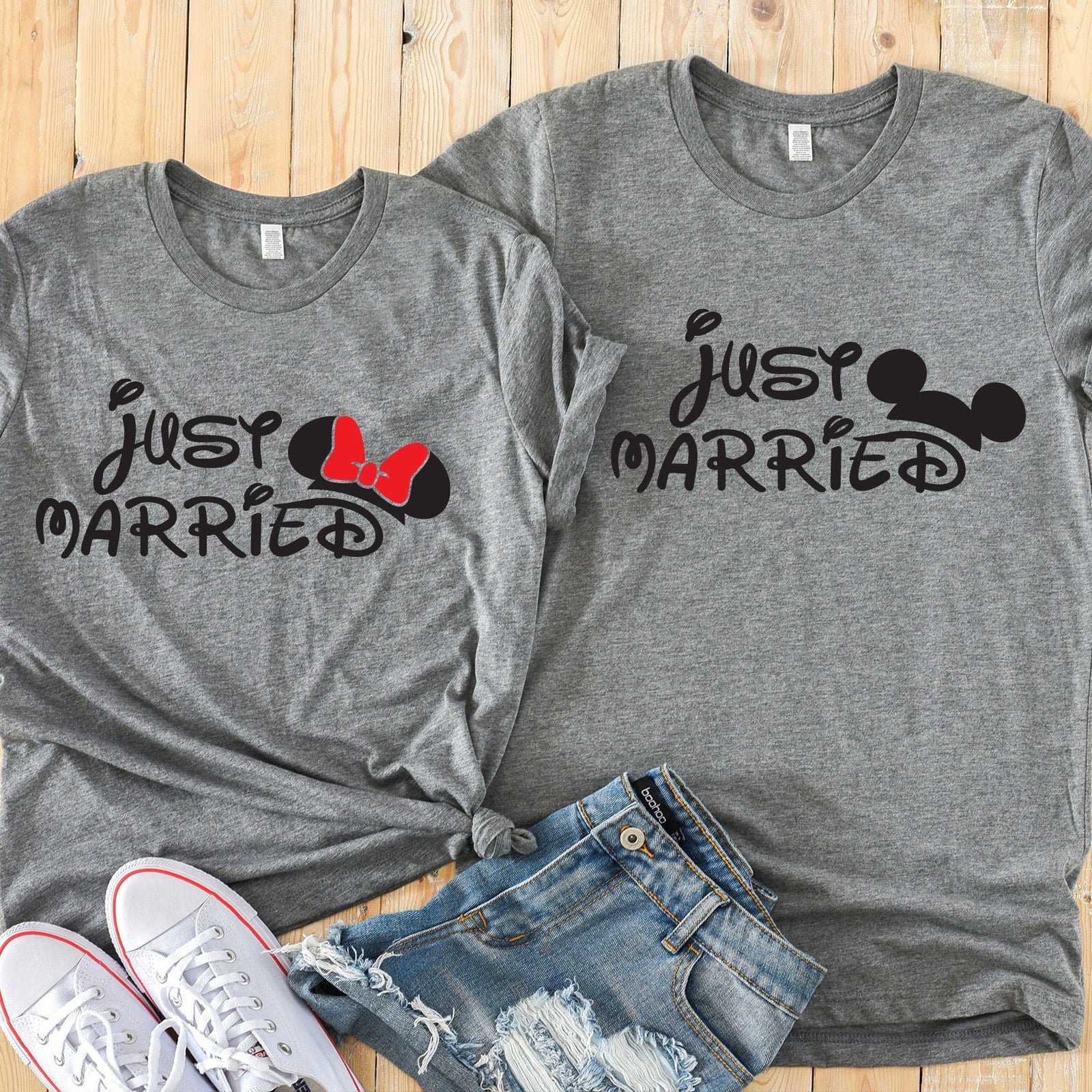 Just Married - Disney Couples Matching Unisex T Shirts - Mickey and Minnie Mouse - Anniversary - Honey Moon - Disney Moon