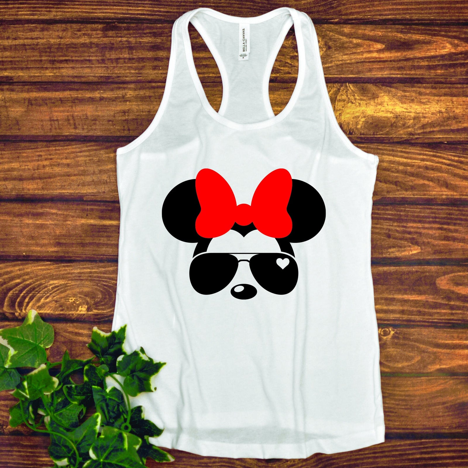 Minnie Mouse Ladies Racer Back Tank Top- Aviator Sunglasses - Red Bow
