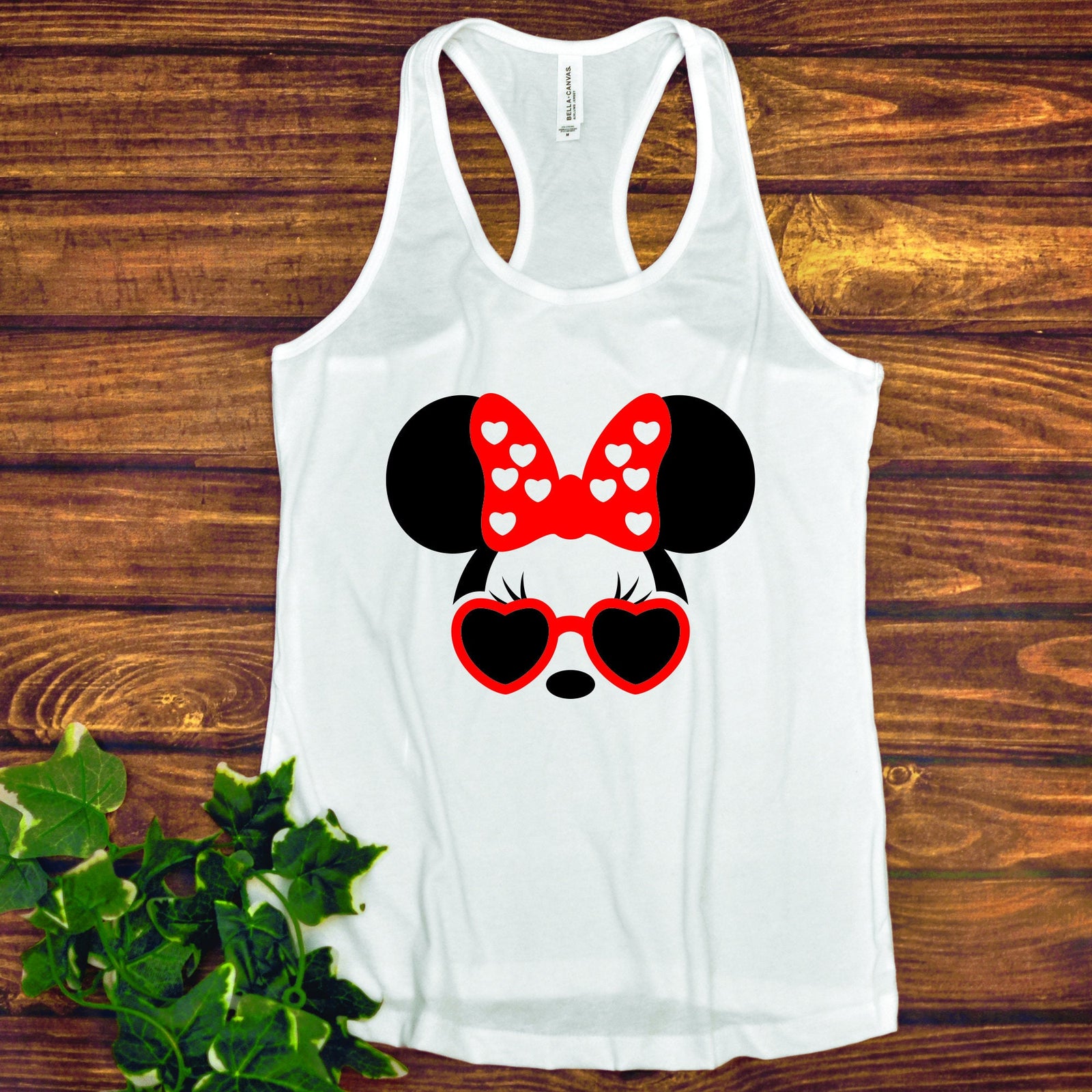 Minnie Mouse Ladies Racer Back Tank Top- Heart Sunglasses - Red Bow