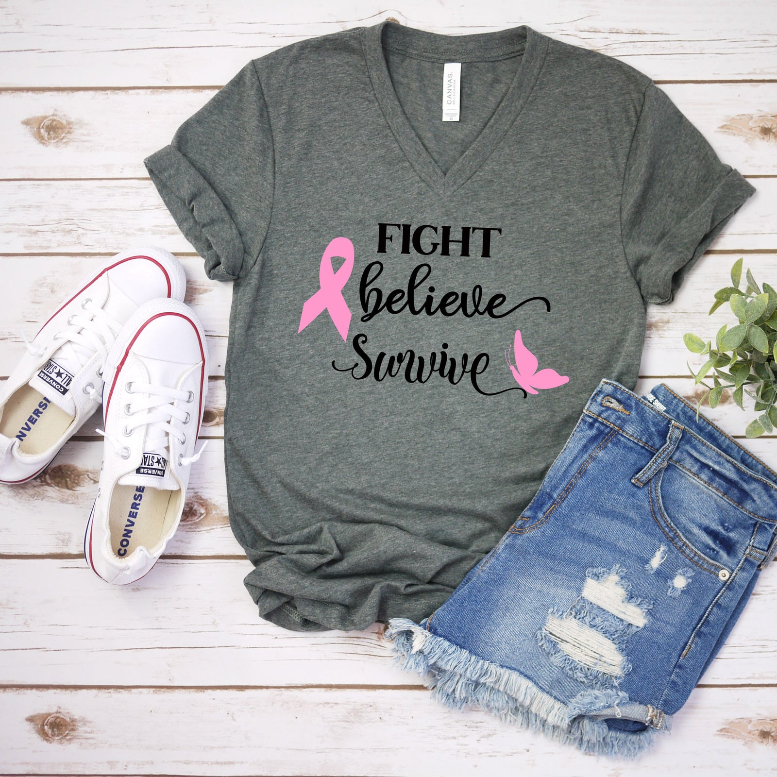 Fight Believe Survive - Breast Cancer Awareness Unisex Adult T Shirt - Survivor - Wear Pink - October