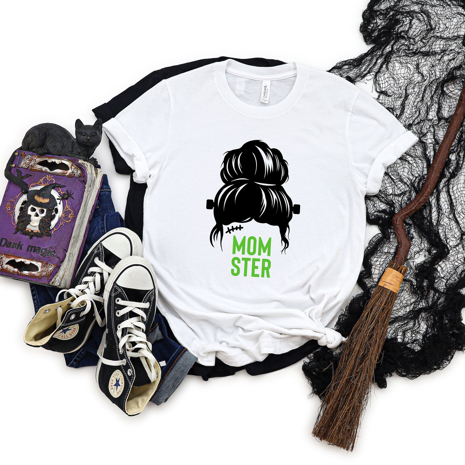 Momster with Messy Bun - Happy Halloween Adult T Shirt - Mom T Shirt - Funny T Shirts - Skull