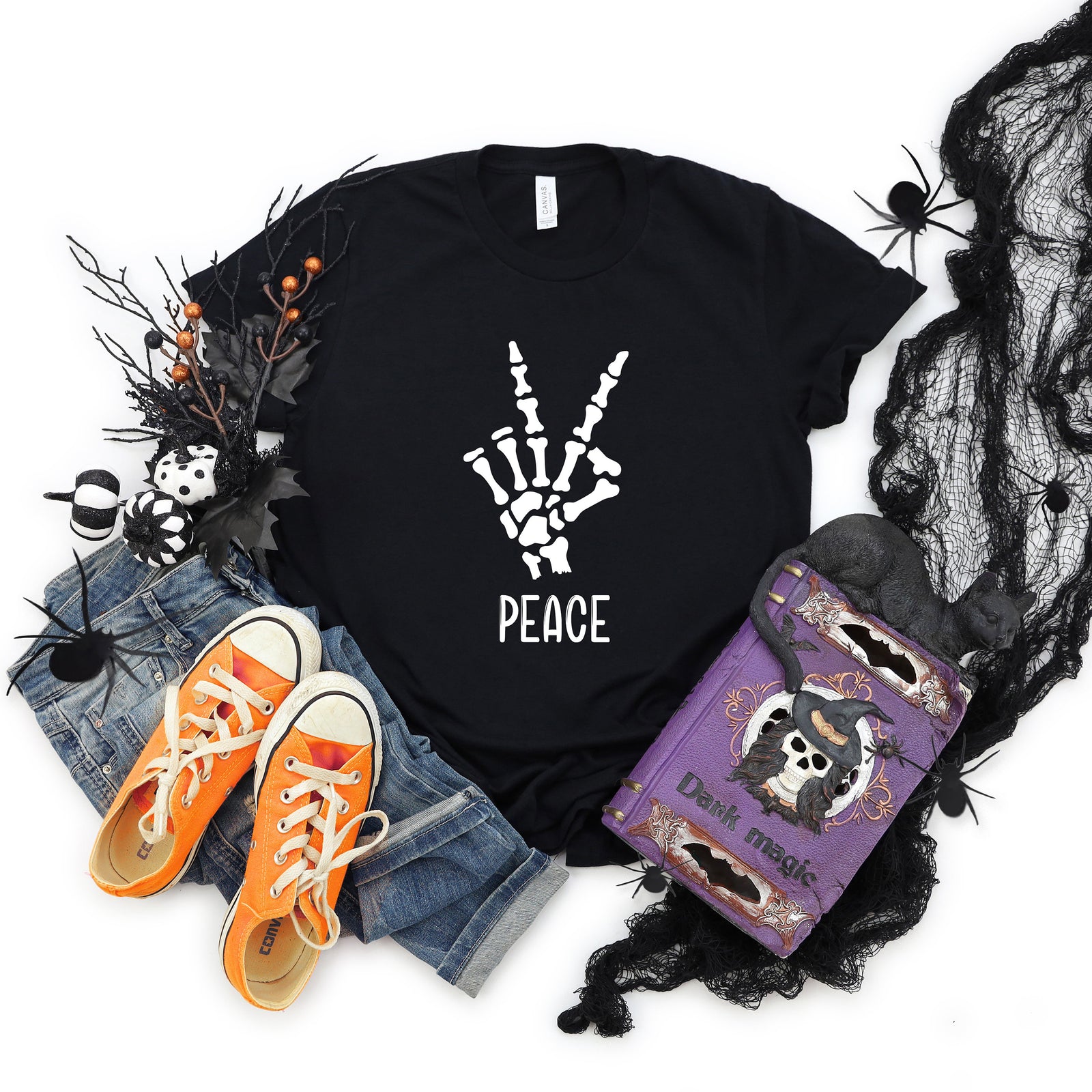 Peace Sign with Skeleton Hands- Halloween Adult Unisex T Shirt - Bones
