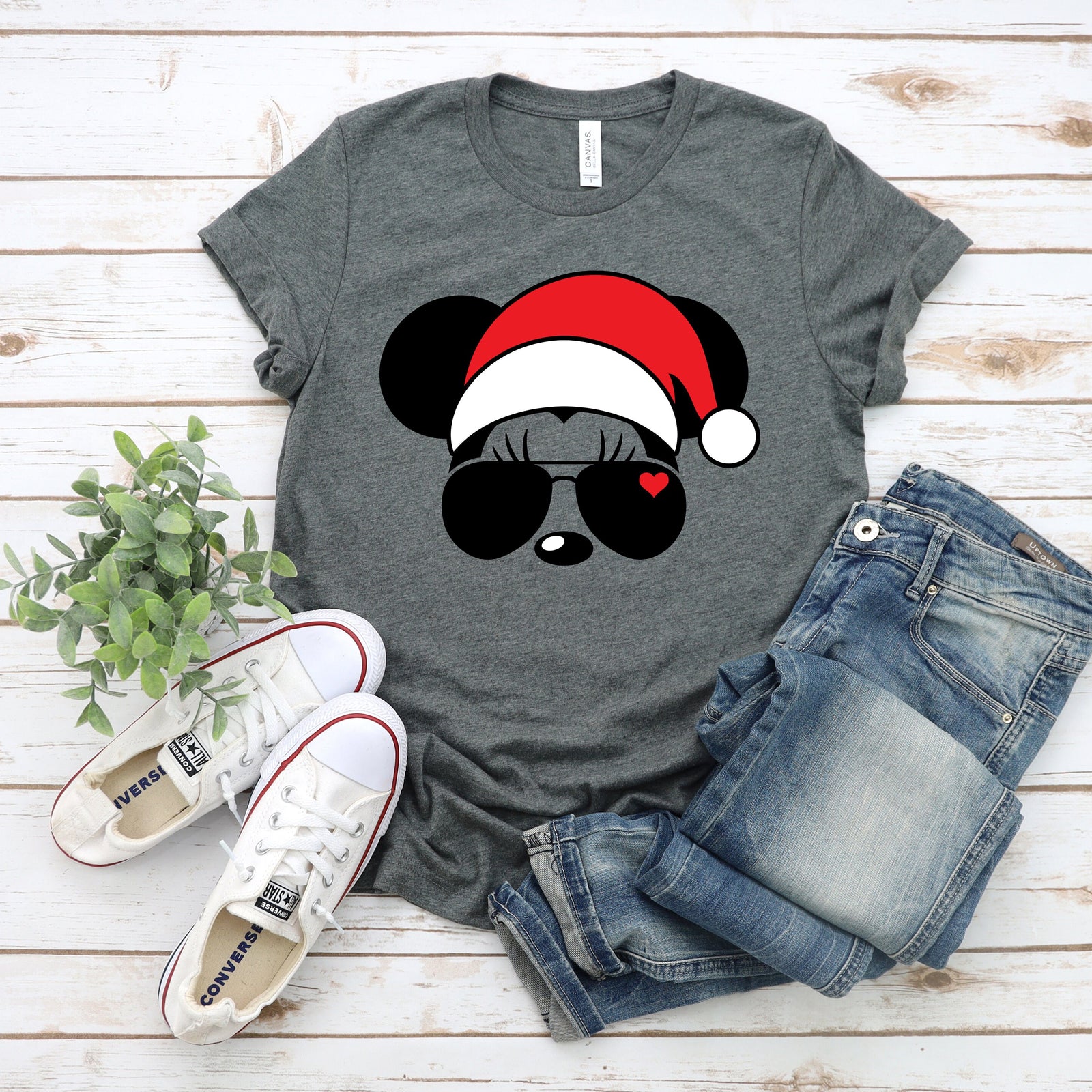 Holiday Minnie Mouse Adult Disney T Shirt - Unisex Shirt - Christmas Santa Hat Aviator Sunglasses