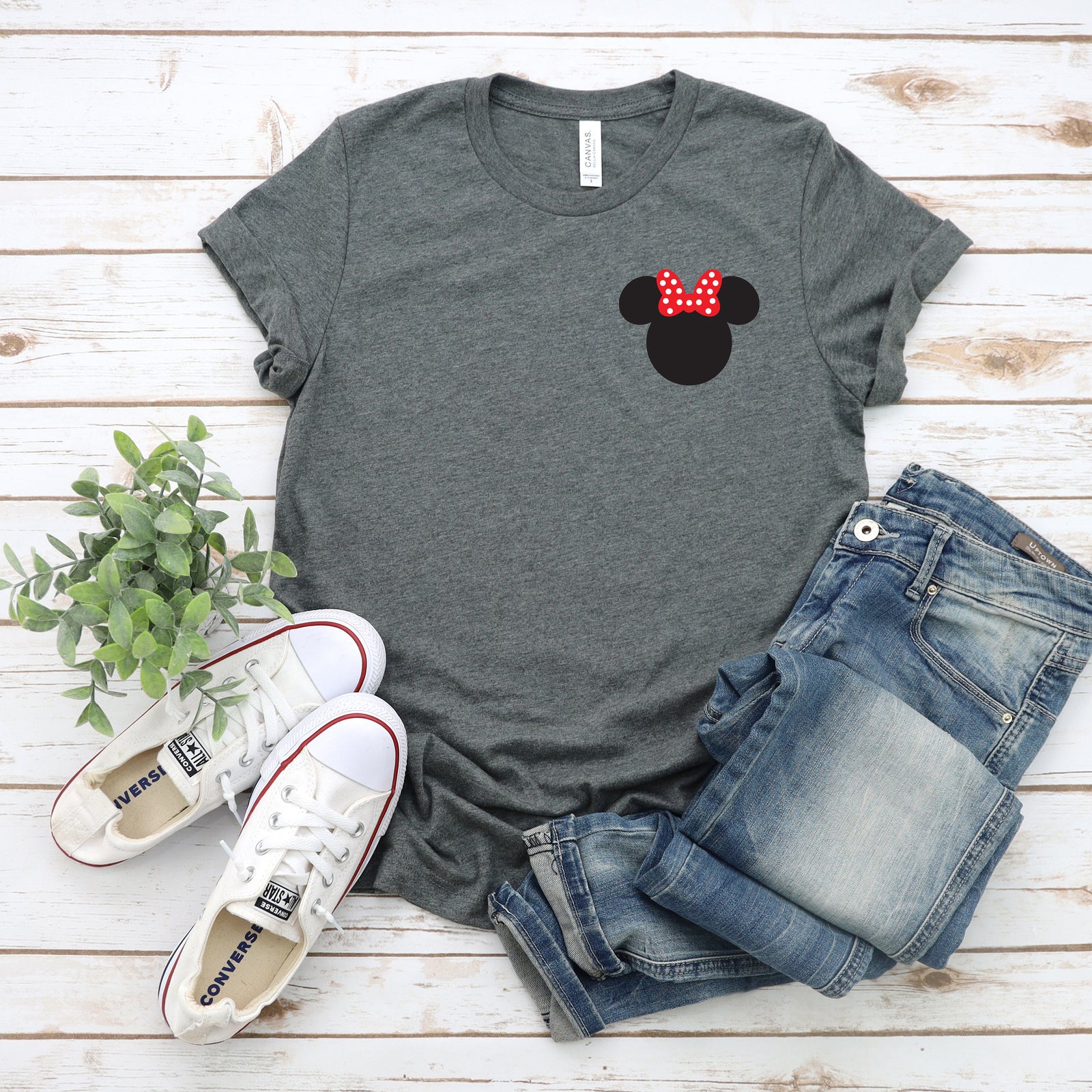 Minnie Mouse Pocket  Size - Left Chest Logo - Adult T shirt - Disney Trip Matching Shirts - Polka Dot Bow