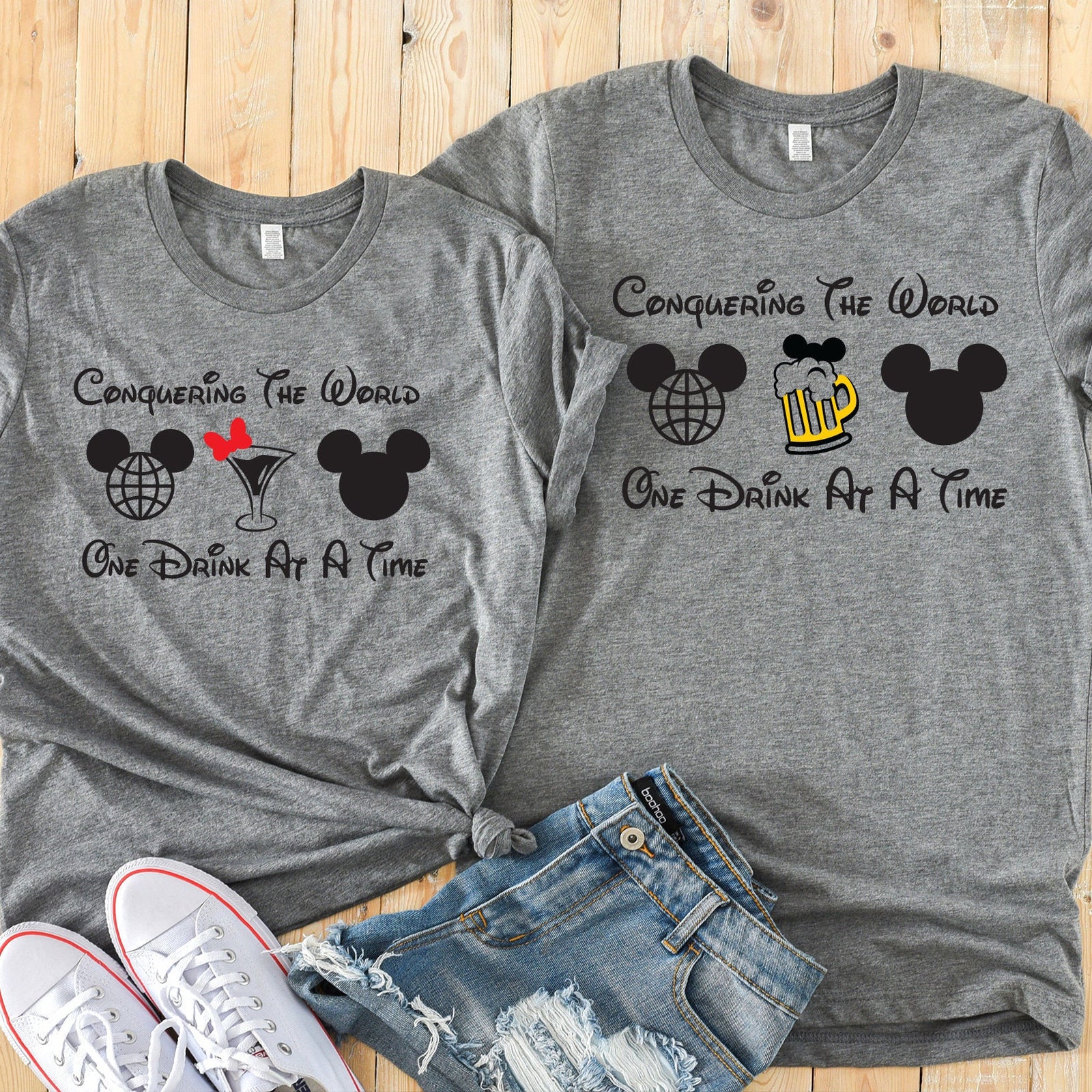 Conquering the World One Drink at a Time Matching Disney Shirts - Disney Couples Shirt - Epcot Food and Wine Festival - Drinking T Shirts