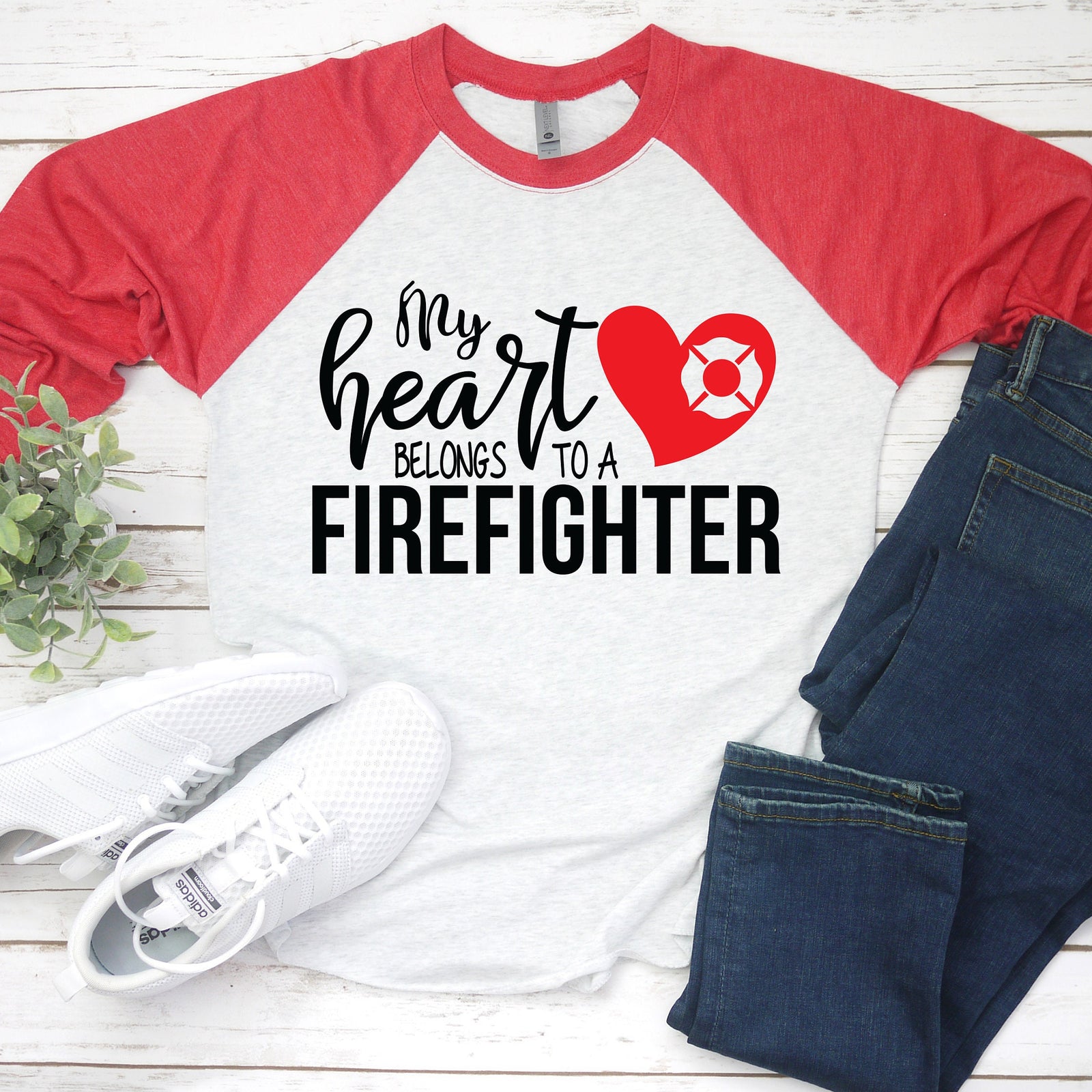 My Heart Belongs to a Fire Fighter - 3/4 sleeve Unisex Raglan T Shirt - Girlfriend -Wife