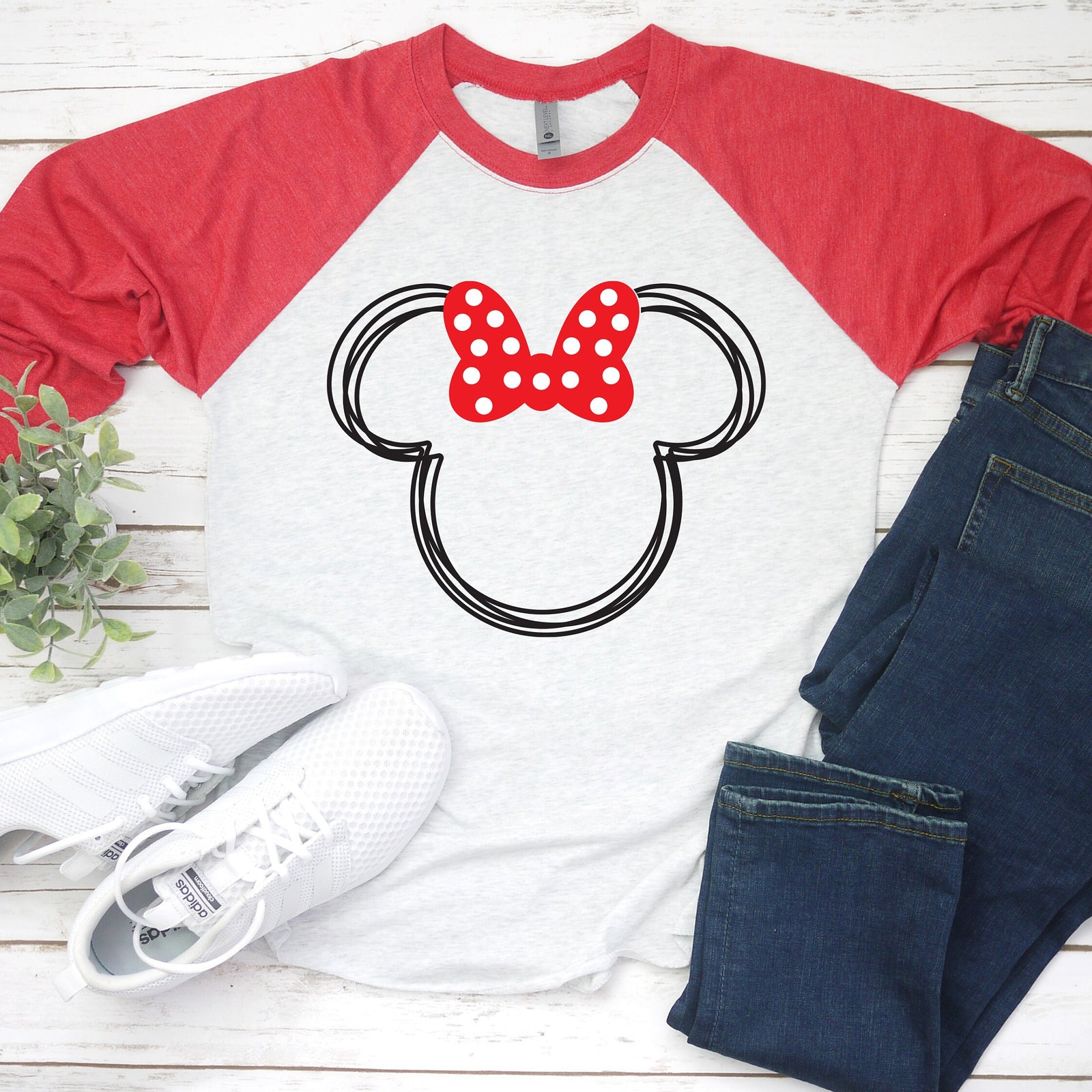 Scribble Minnie Mouse - 3/4 sleeve Unisex Raglan T Shirt - Hand drawn Sketch Outline - Disney Shirts