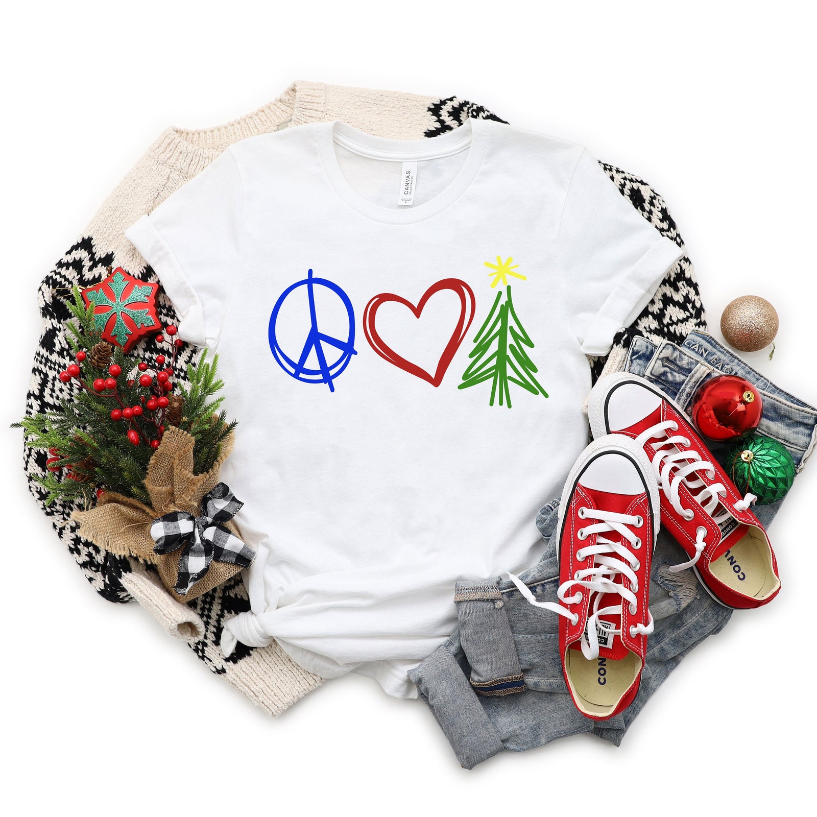 Peace Love Christmas Tree Shirt - X-Mas T-Shirt - Cute Christmas Holiday Shirt - Family Church School