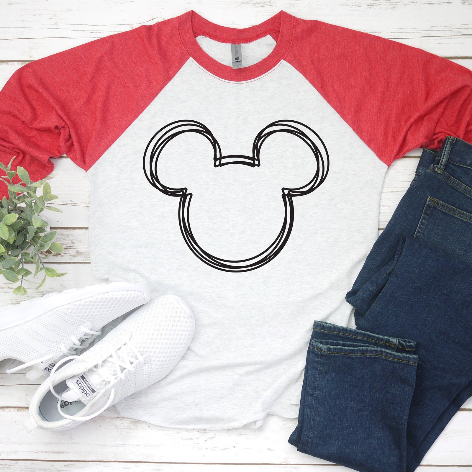 Scribble Mickey Mouse - 3/4 sleeve Unisex Raglan T Shirt - Hand drawn Sketch Outline - Disney Shirts