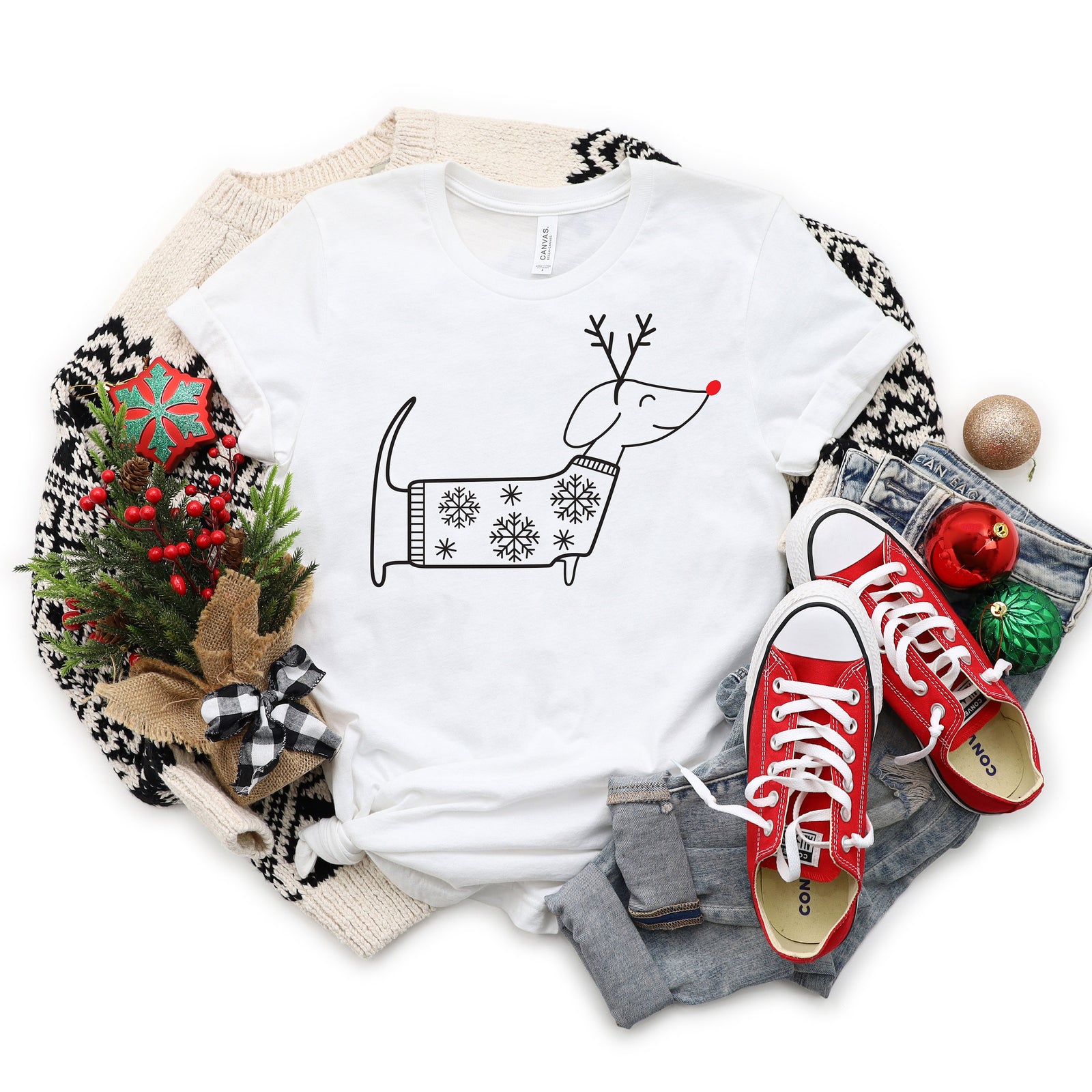 Dachshund Reindeer Christmas T Shirt - Cute Dog Lover Holiday Gift Shirt - Christmas Pet Sweater - Reindeer Dog Christmas Shirt