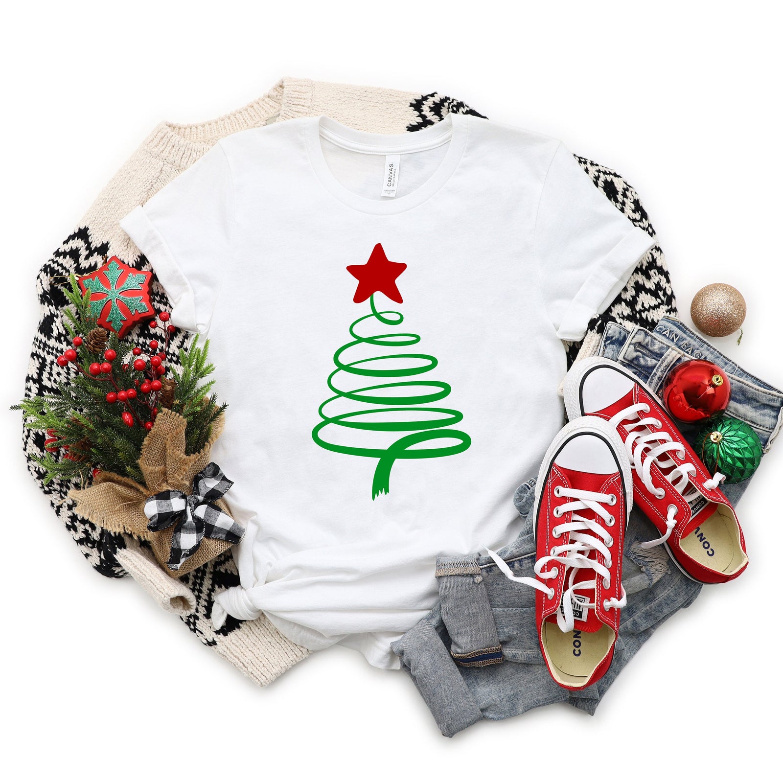 Swirly Christmas Tree Shirt - X-Mas T Shirt - Cute Christmas Holiday Shirt