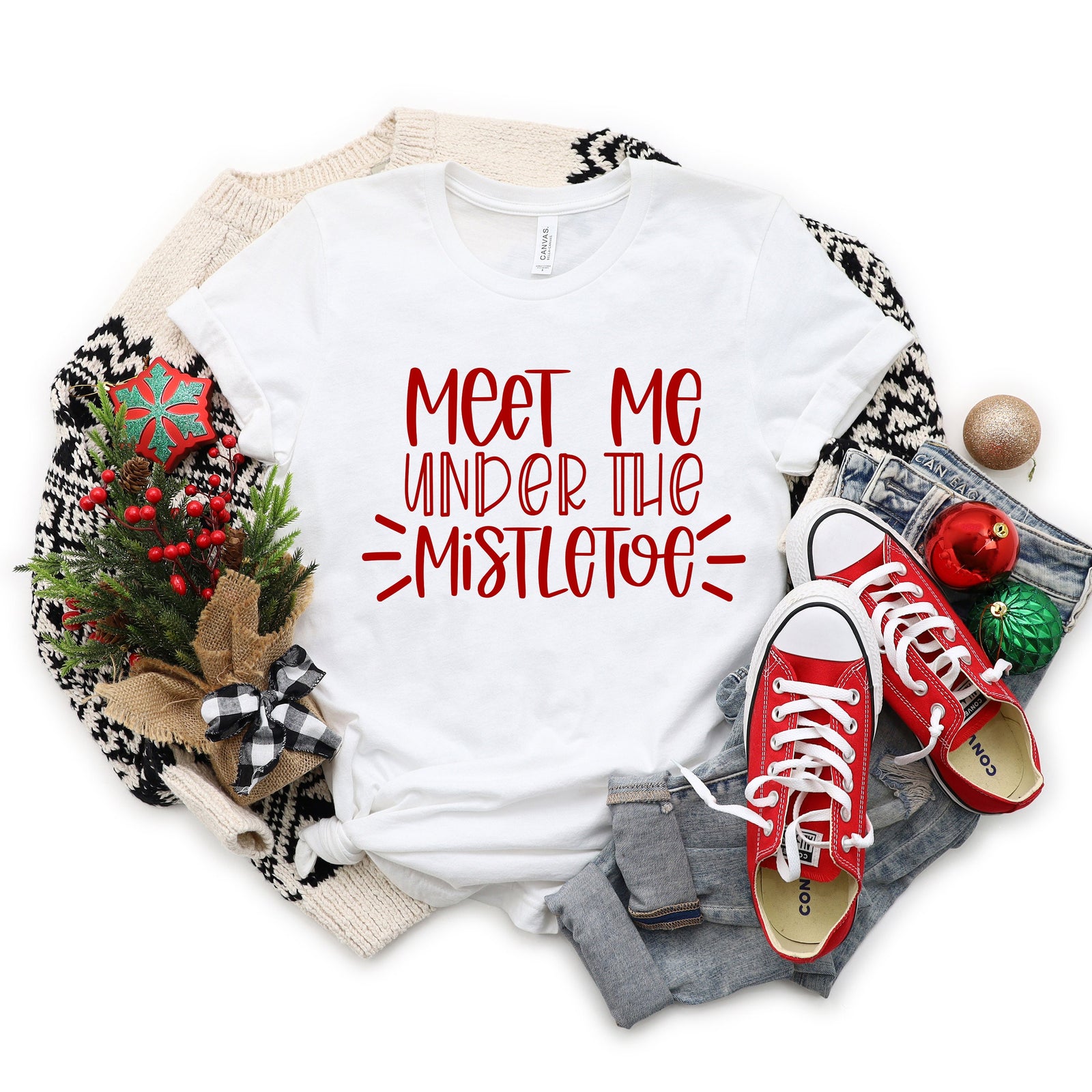 Meet Me Under the Mistle Toe Christmas T-Shirt - X-Mas T Shirt - Funny Holiday Shirt - Christmas Graphic Tee