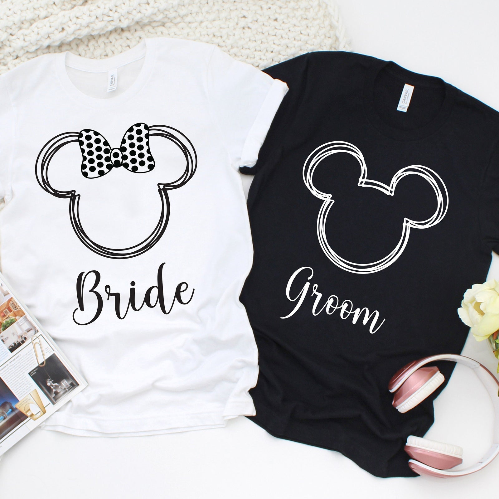 Bride and Groom Minnie and Mickey Shirts - Disney Couples - Matching Shirts - Hand Drawn Characters