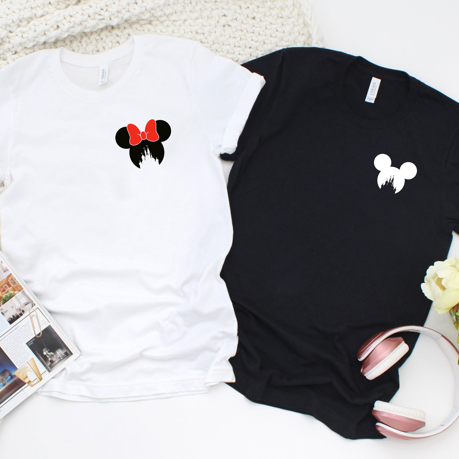 Mickey and Minnie Mouse Custom Matching Disney Shirts - Disney Couples - Magic Kingdom Castle Left Chest Pocket Size