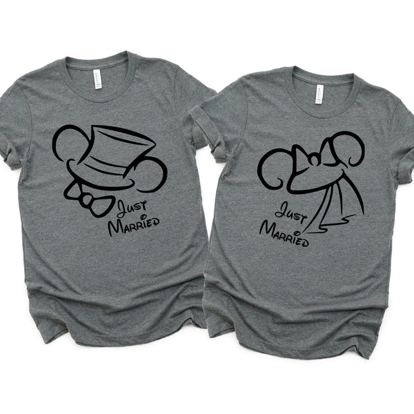 Just Married Disney Couples Matching T Shirts for Honeymoon