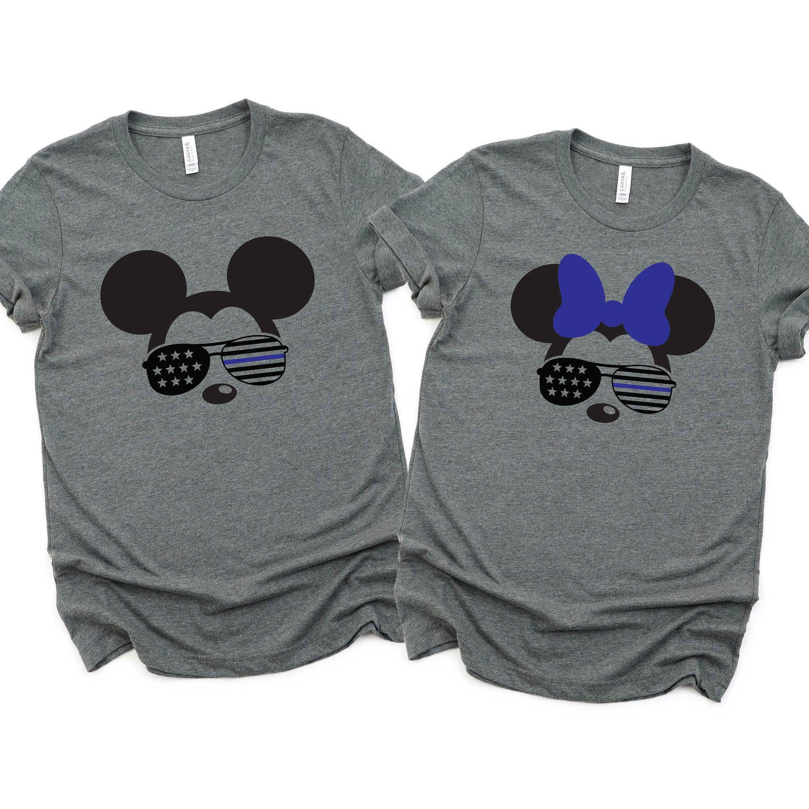 Minnie and Mickey Police Shirts - Disney Couples - Matching Shirts - Blue Line Minnie and Mickey - Disney Police - Stars and Stripes Glasses