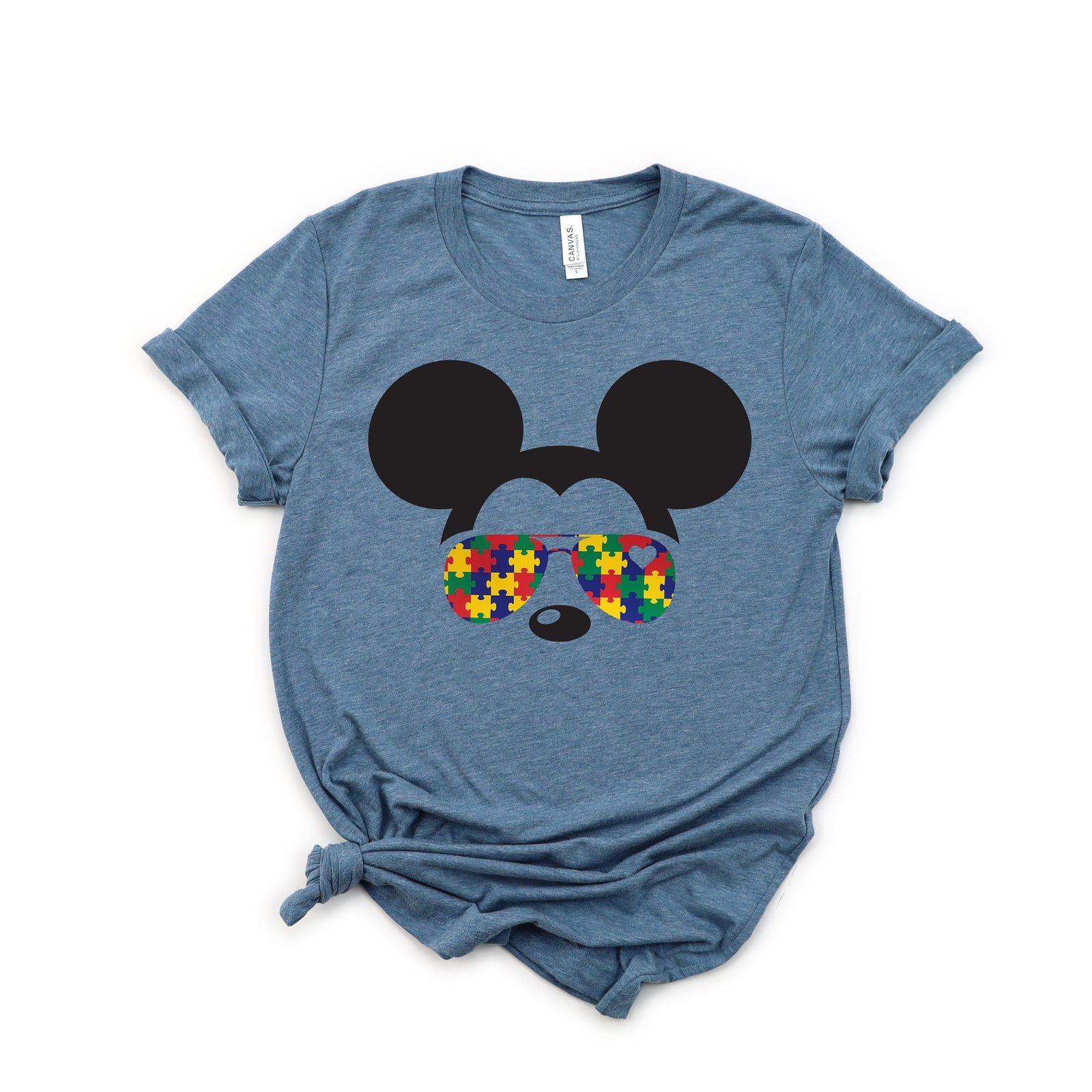 Mickey Mouse Adult Unisex T Shirt - Aviators - Puzzle Piece Sunglasses - Autism Awareness Shirt