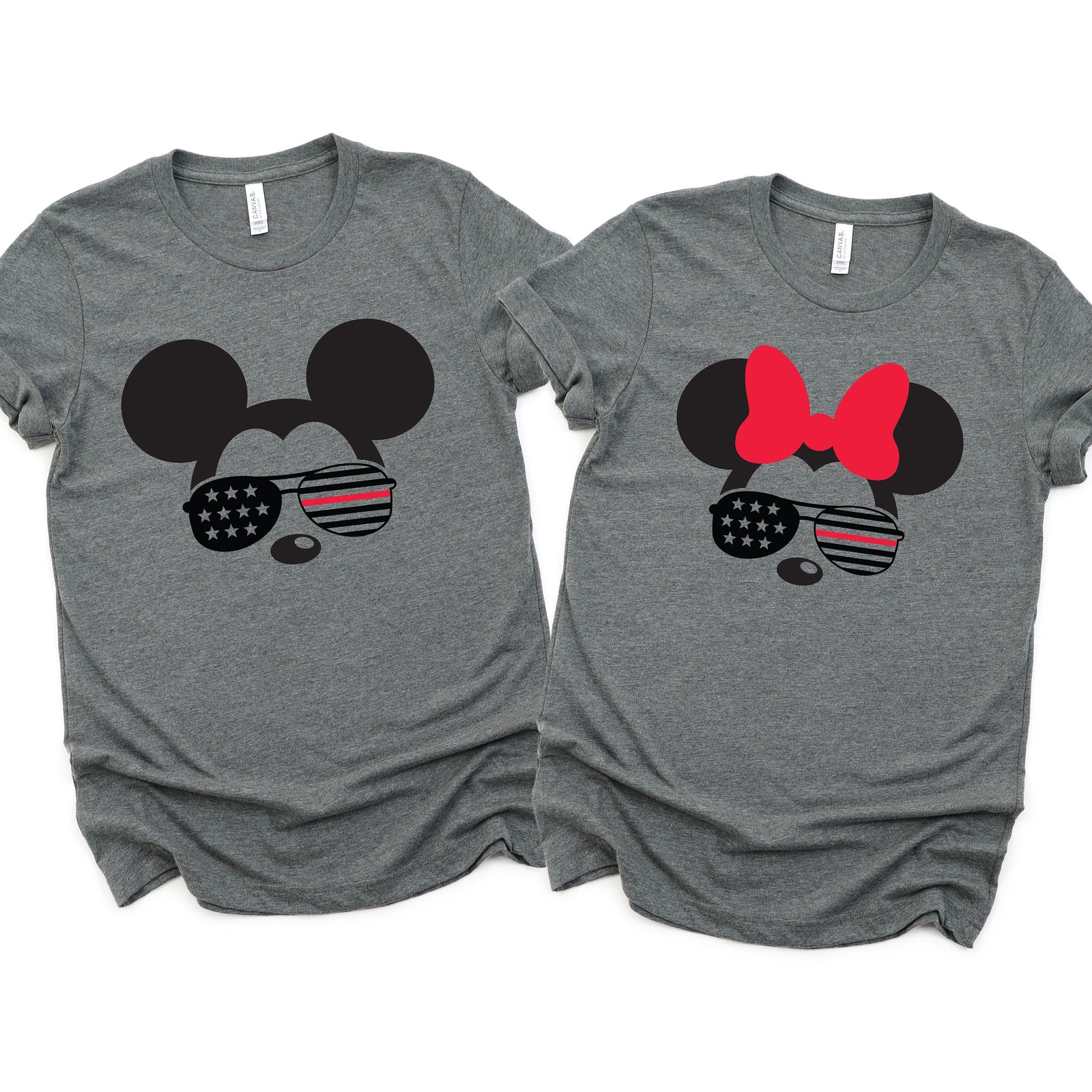 Fire Fighter Minnie and Mickey Adult Shirts - Disney Couples Matching Shirt - Red Line Flag -  Red Stripe - Stars and Stripes Sunglasses