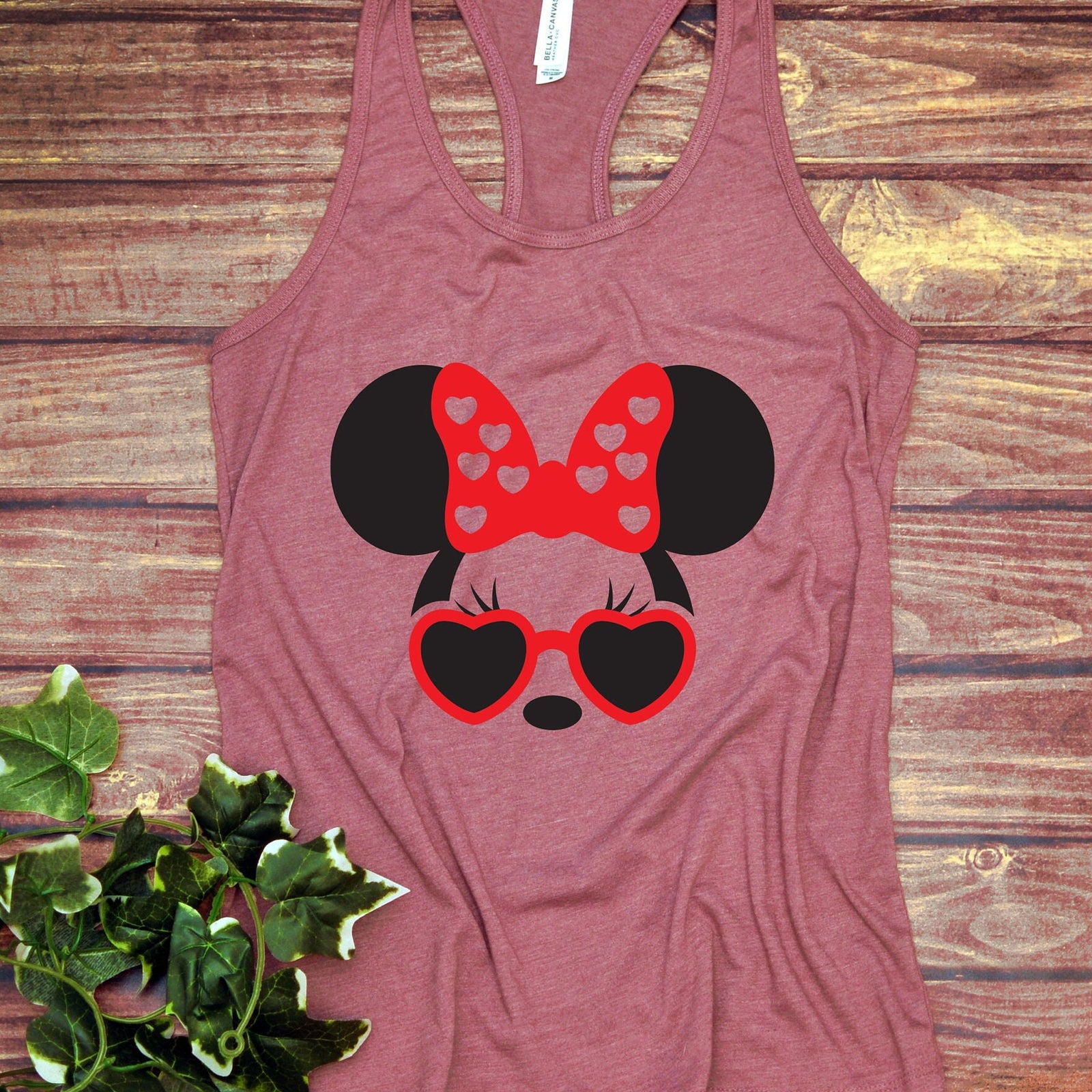 Minnie Mouse Ladies Racer Back Tank Top- Heart Sunglasses - Red Bow