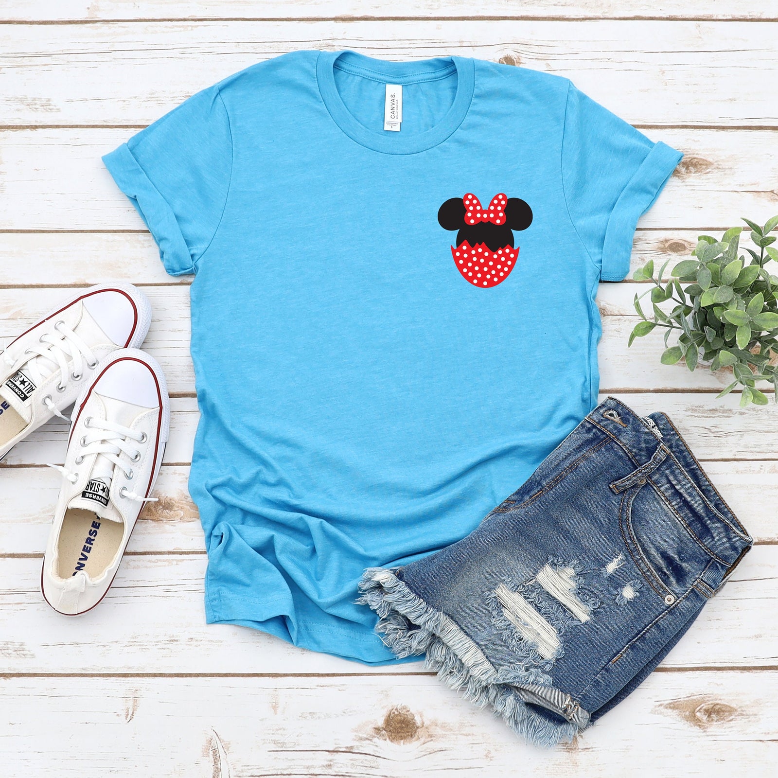 Minnie Mouse Happy Easter Adult T Shirt- Disney Trip Matching Shirts -Pocket Size Minnie Ears Hatching Egg - Small Logo