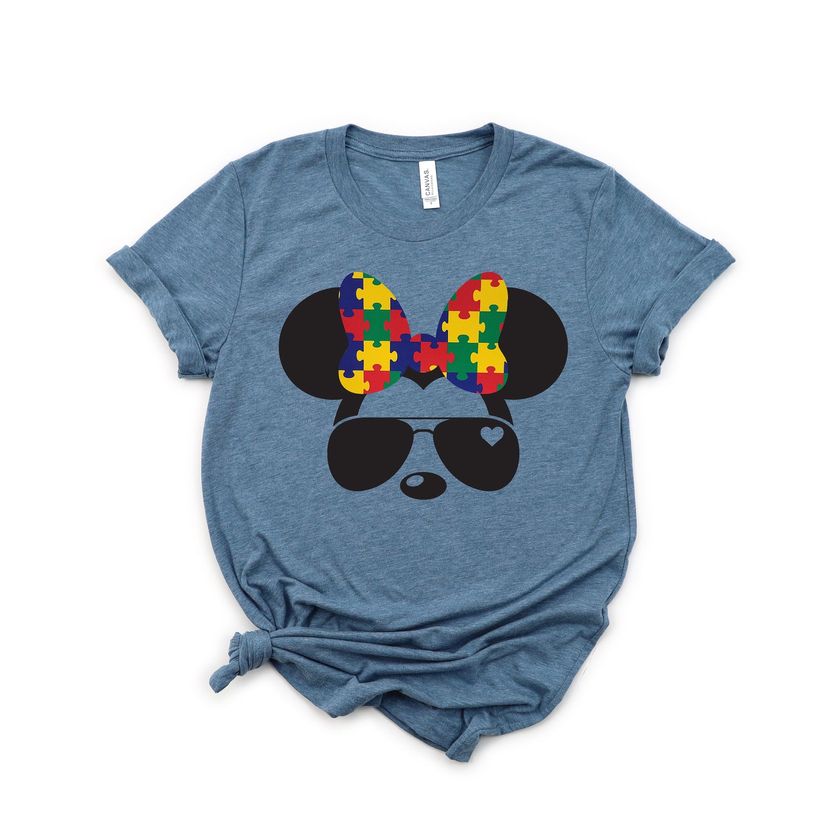 Minnie Mouse Adult Unisex T Shirt - Aviators - Puzzle Piece Bow - Autism Awareness Shirt