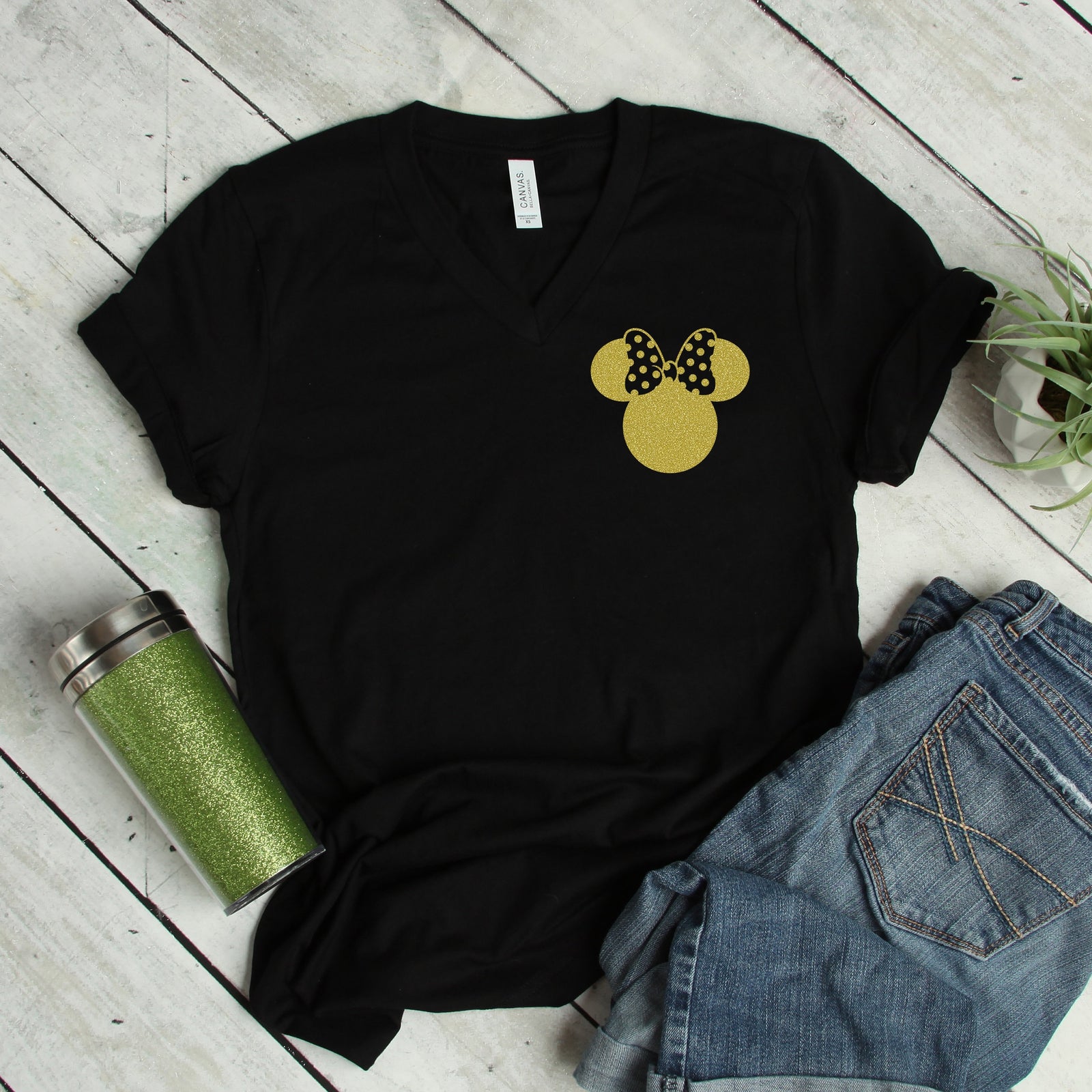 Minnie Mouse Pocket  Size - Left Chest Logo - Adult T shirt - Disney Trip Matching Shirts - Gold Glitter
