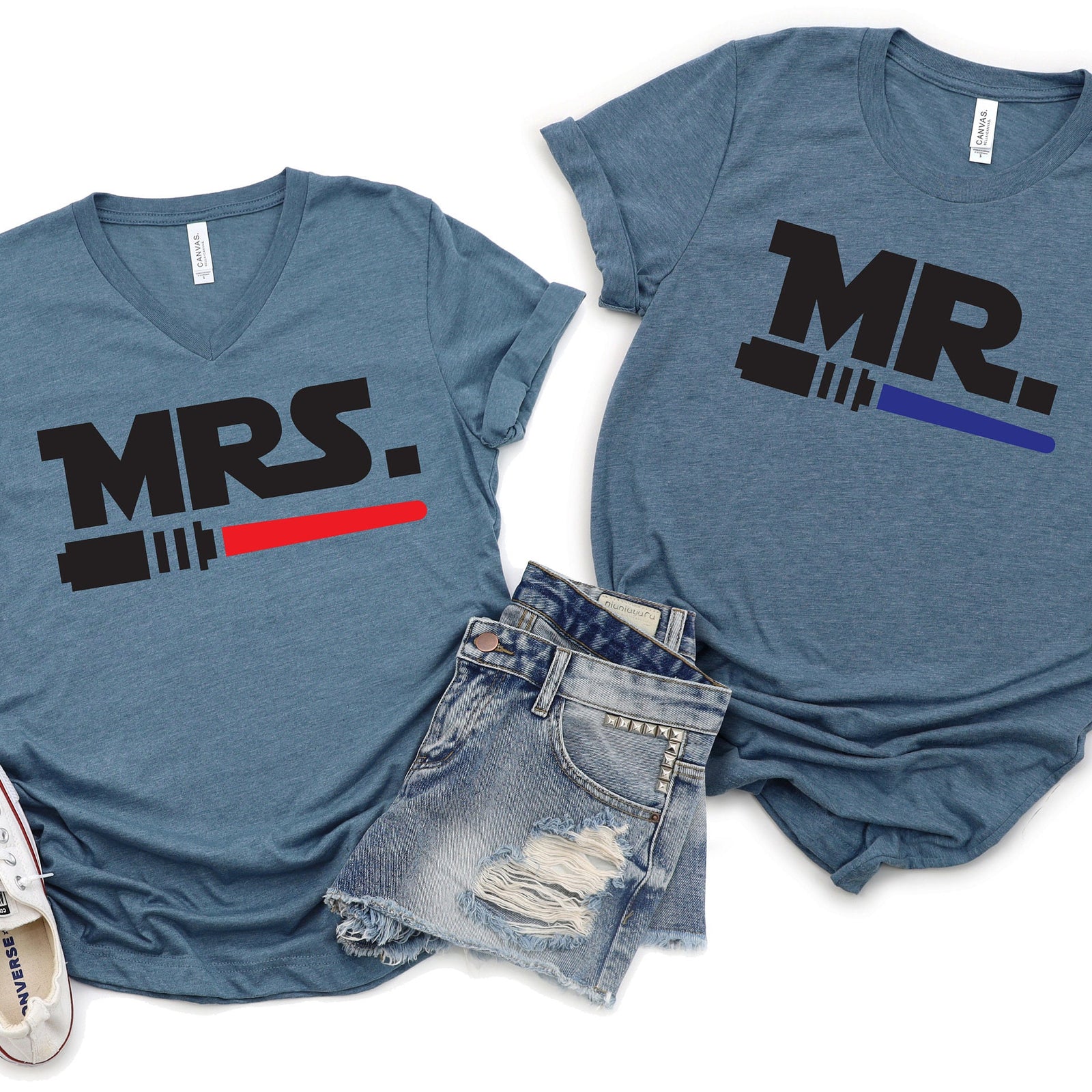 Mr and Mrs Jedi - Adult Star Wars Unisex T Shirts - Disney Couples Matching Shirts - Just Married - Light Saber - Honeymoon