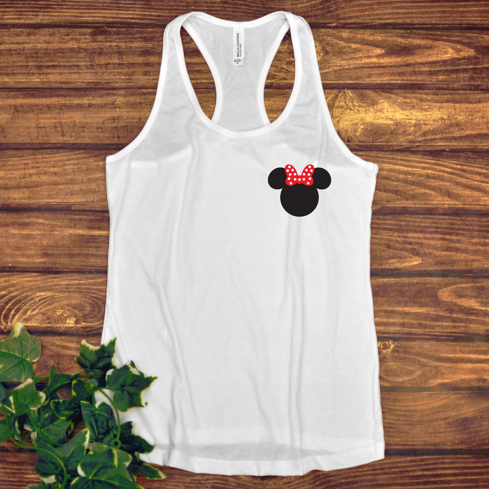 Pocket Size Minnie Mouse Ladies Racer Back Tank Top- Polka Dot Bow - Small Left Chest Logo
