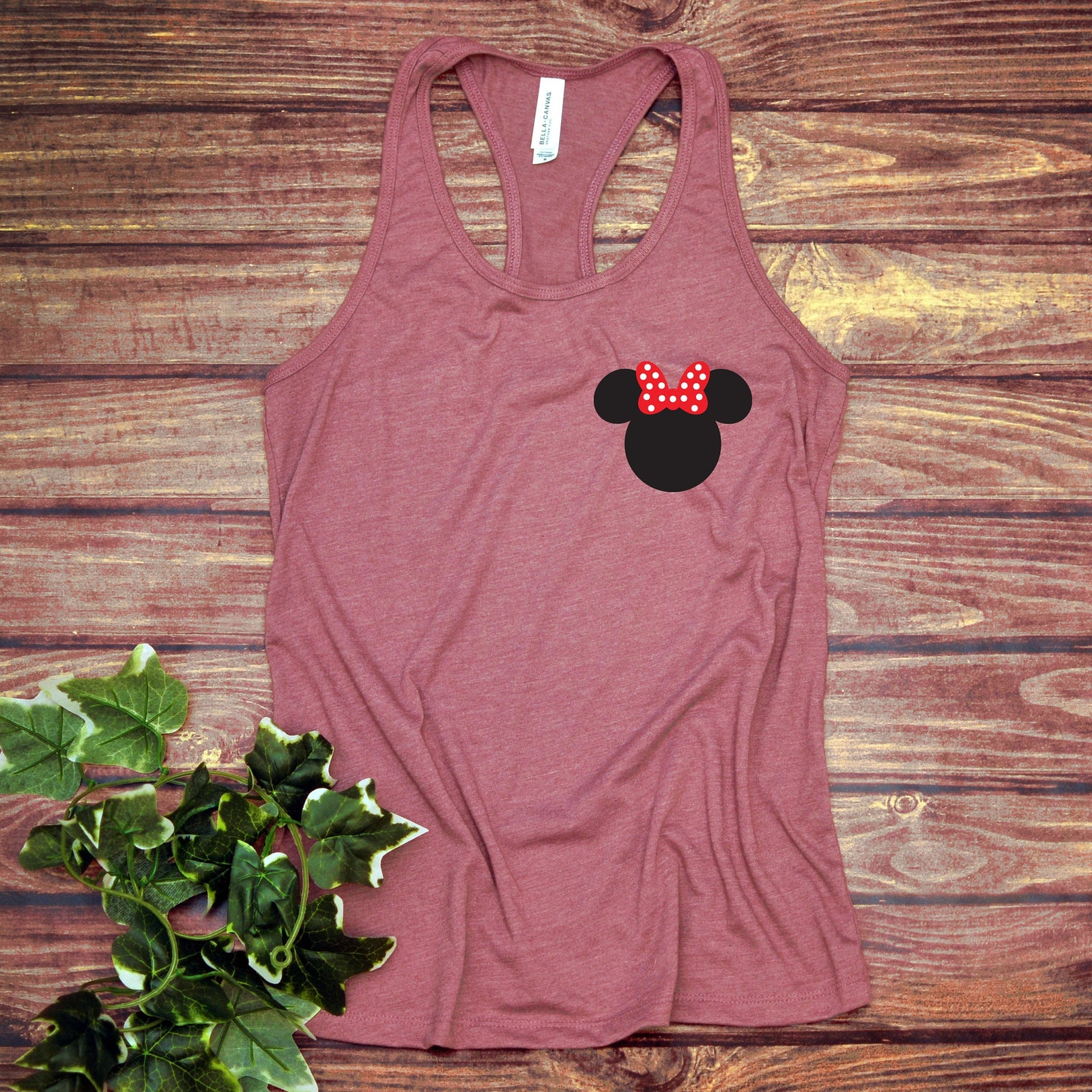 Pocket Size Minnie Mouse Ladies Racer Back Tank Top- Polka Dot Bow - Small Left Chest Logo