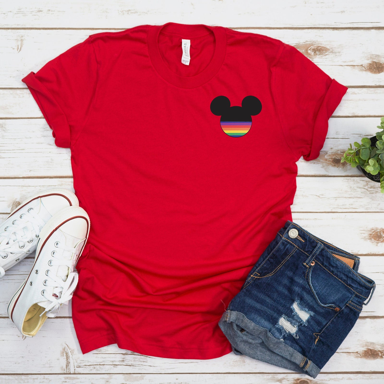 LGBT Gay Pride Mickey Mouse Adult t shirt - Disney Trip Matching Shirts - Rainbow Pocket Size Left Chest Logo