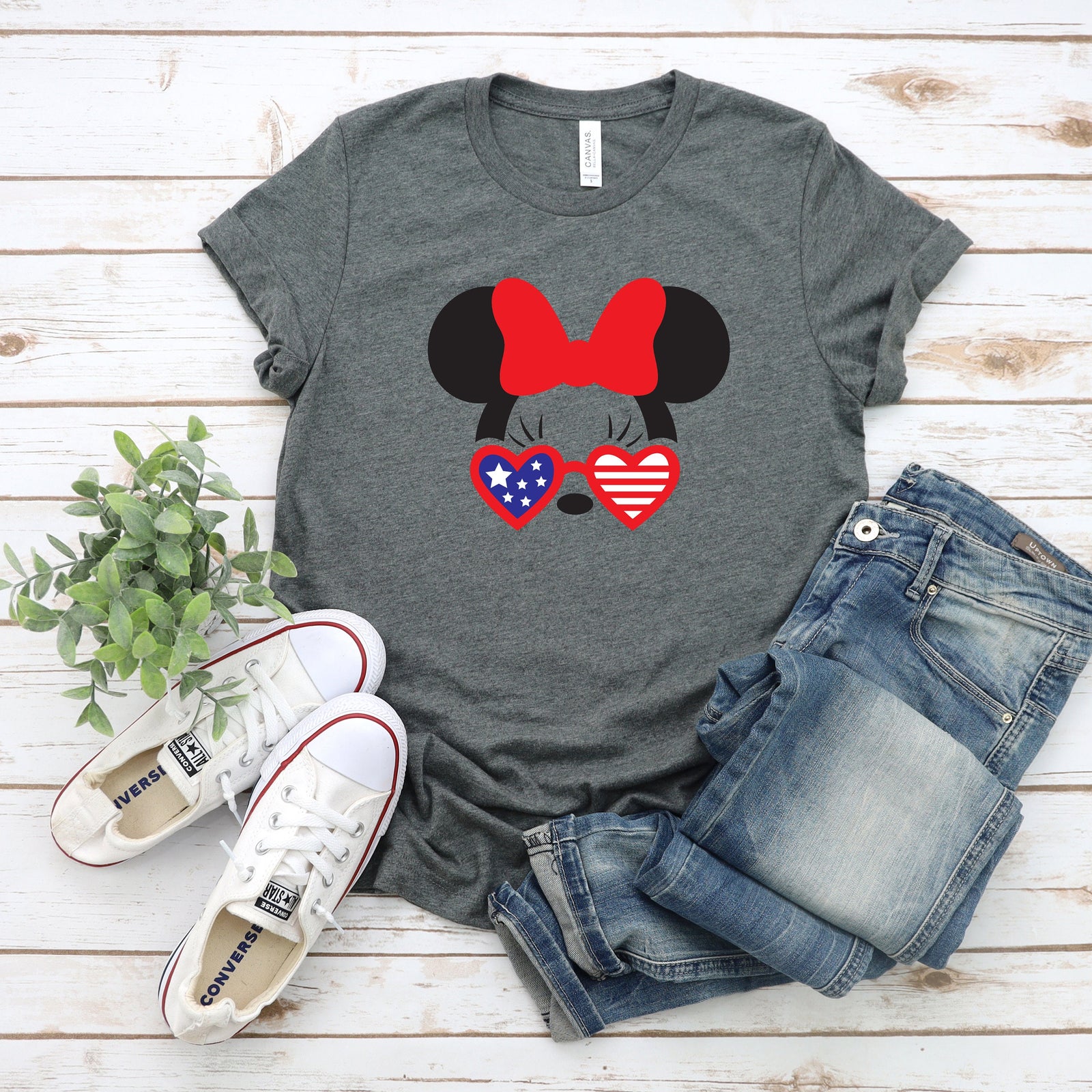 Minnie Mouse with heart glasses Stars and Stripes - Fourth of July Adult T Shirt - Independence Day - Memorial - Red White and Blue